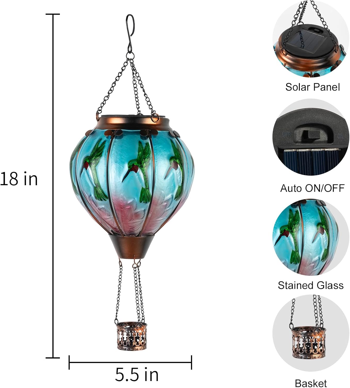 Linterna solar de globo de aire caliente, luces de colibrí, llama parpadeante, luces colgantes solares para exteriores, faroles solares impermeables