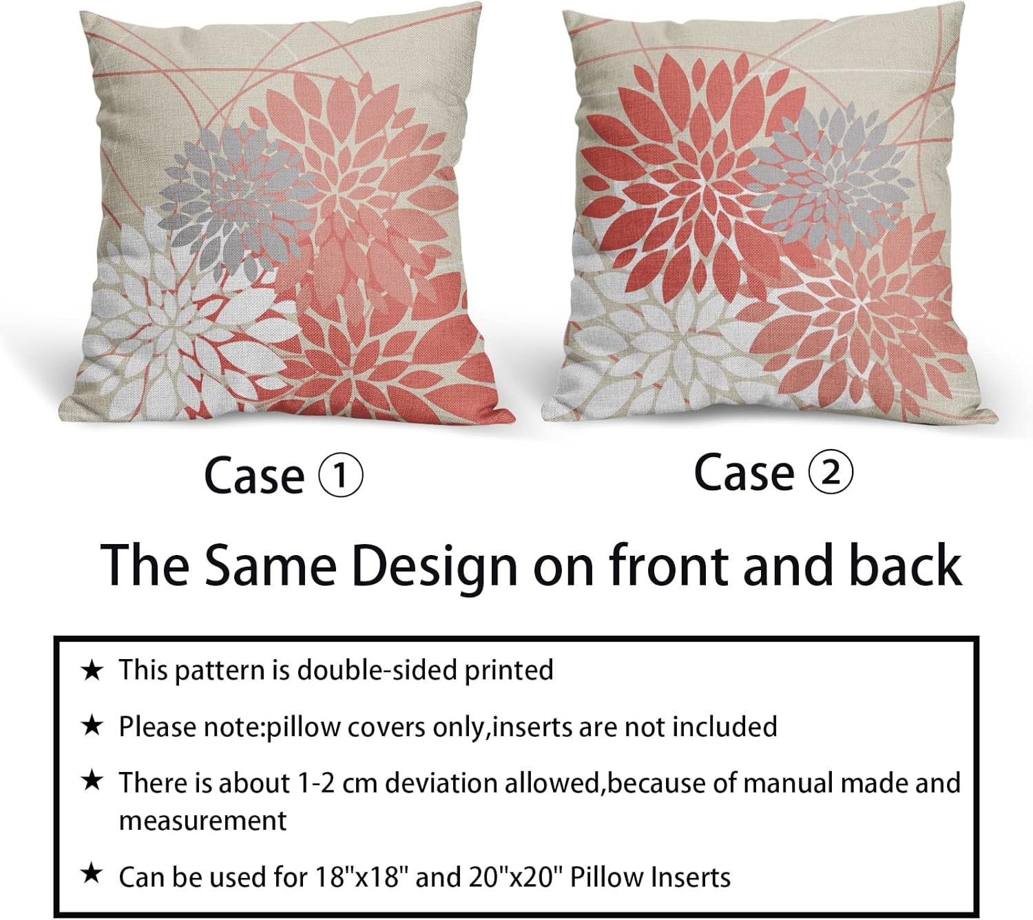 Juego de 2 fundas de almohada coral de 18 x 18 pulgadas, diseño de flores de dalia oscuro y rosa coral claro, decoración de exteriores para el