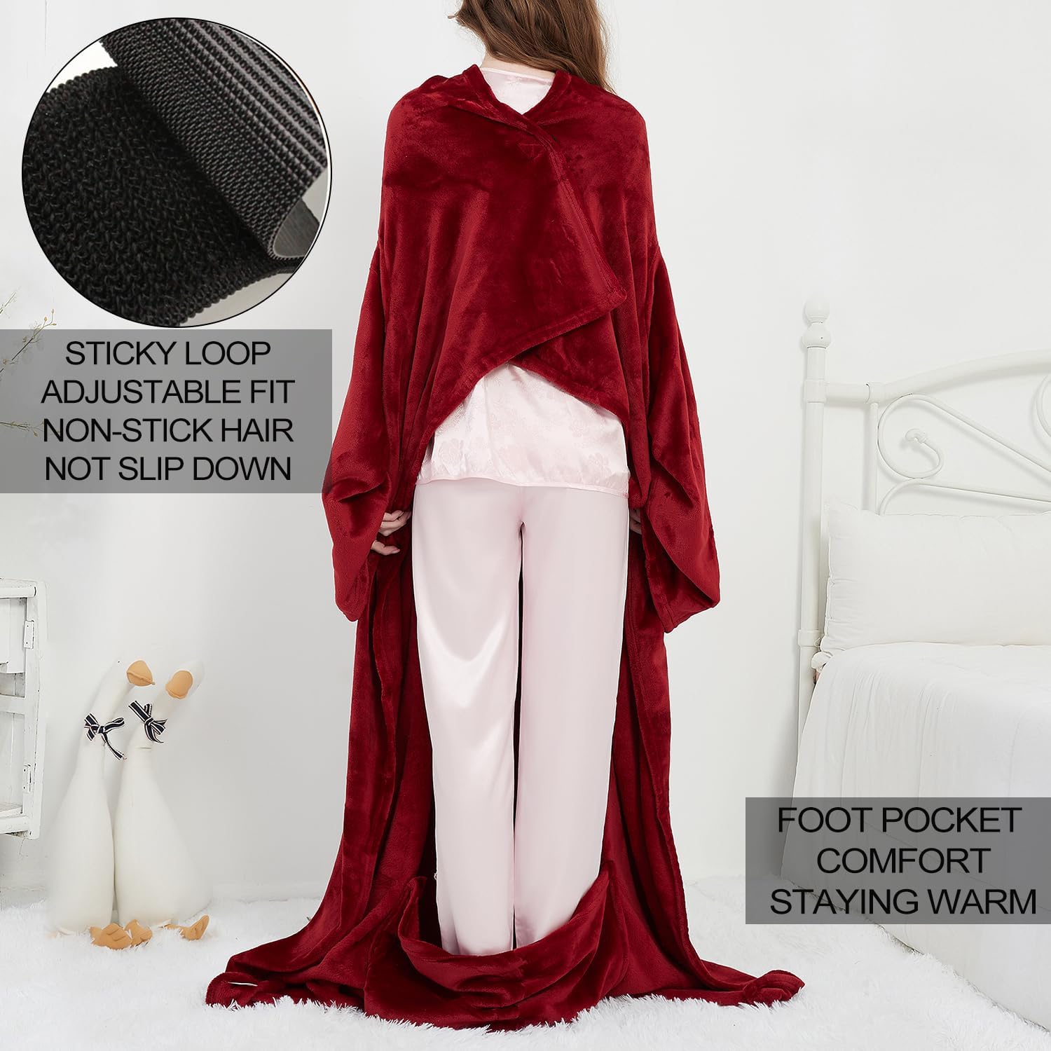 Manta de forro polar con mangas y bolsillo para el pie para adultos, mujeres y hombres, manta ligera de felpa suave para TV con mangas y velcro
