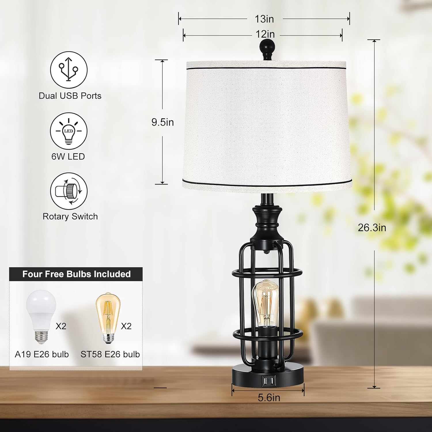 26.3Table Lamps Set of 2 with USB Charging Ports,Farmhouse Bedside Nightstand Lamp with Rotary Switch,Rustic Reading Lamps Industrial Desk Lamps for