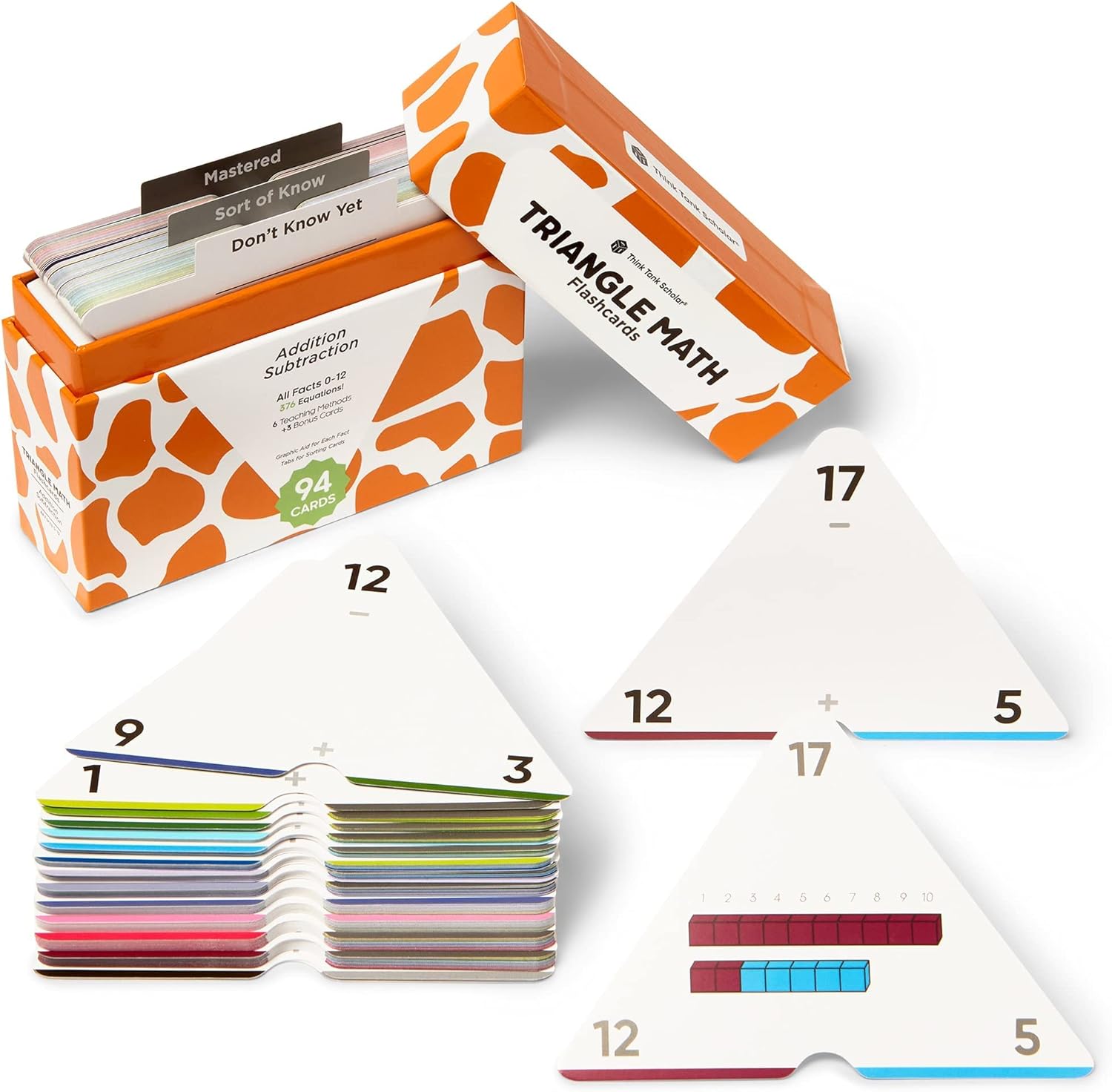 Think Tank Scholar Juego de tarjetas flash triangulares de suma y resta (376 ecuaciones matemáticas), todos los hechos 0-12 – codificados por