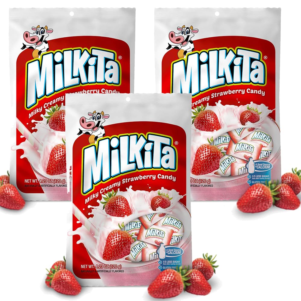 Milkita Creamy Shake Lollipop Caramelos masticables, sabores afrutados, 4.23 onzas (paquete de 3 fresas)