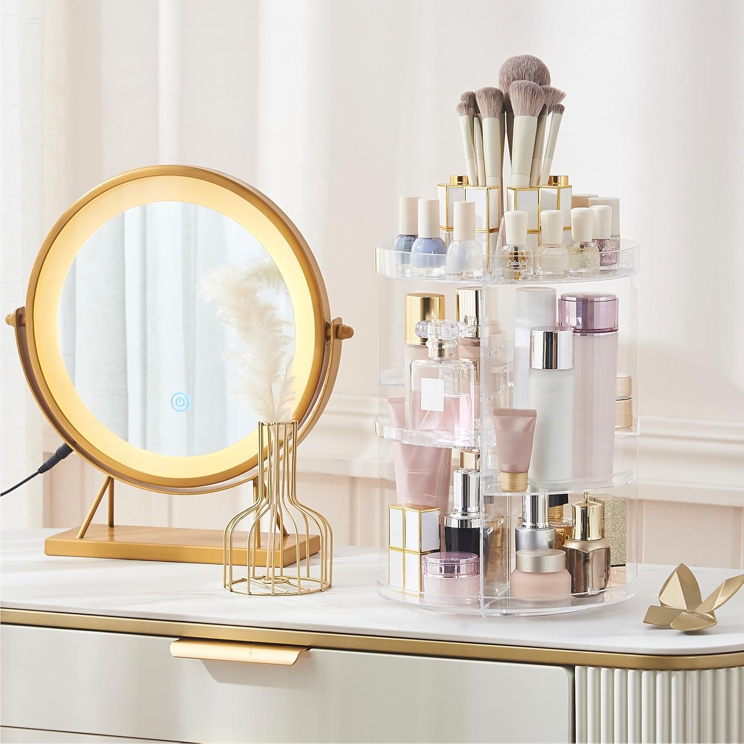 SUNFICON Organizador de maquillaje giratorio con rotación de 360 grados, 50 calcomanías brillantes de Navidad, 500 calcomanías de Navidad doradas