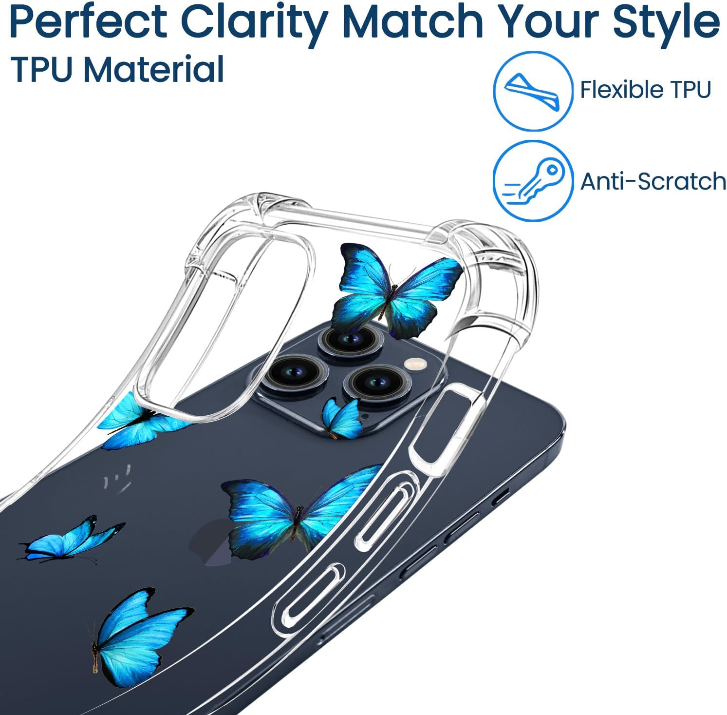 Hi Space Funda para iPhone 15 Pro de 6.1 pulgadas 2023, diseño de mariposas azules transparentes para iPhone 15 Pro para mujeres y niñas, patrón de