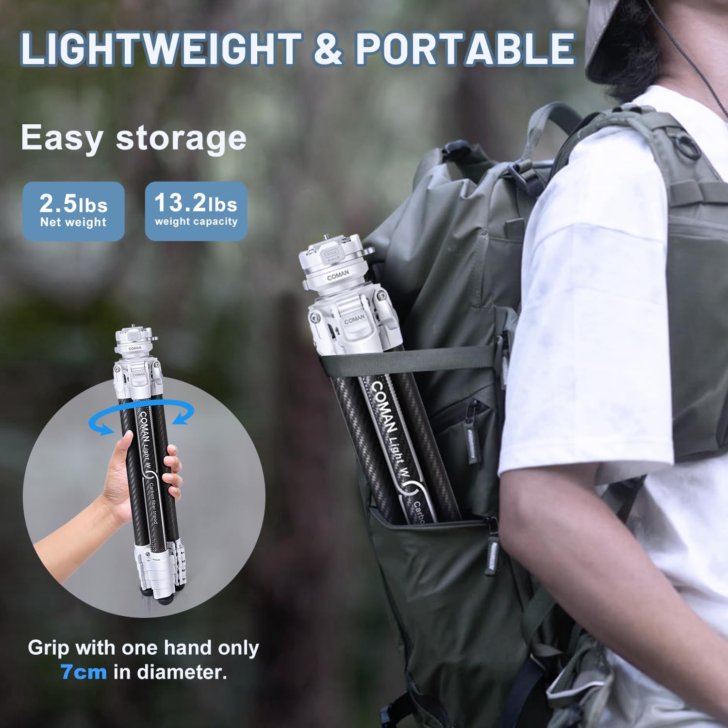 COMAN Trípode portátil para cámara de viaje, trípodes DSLR compactos y ligeros, soporte de trípode de fibra de carbono con cabezal de bola de 360,