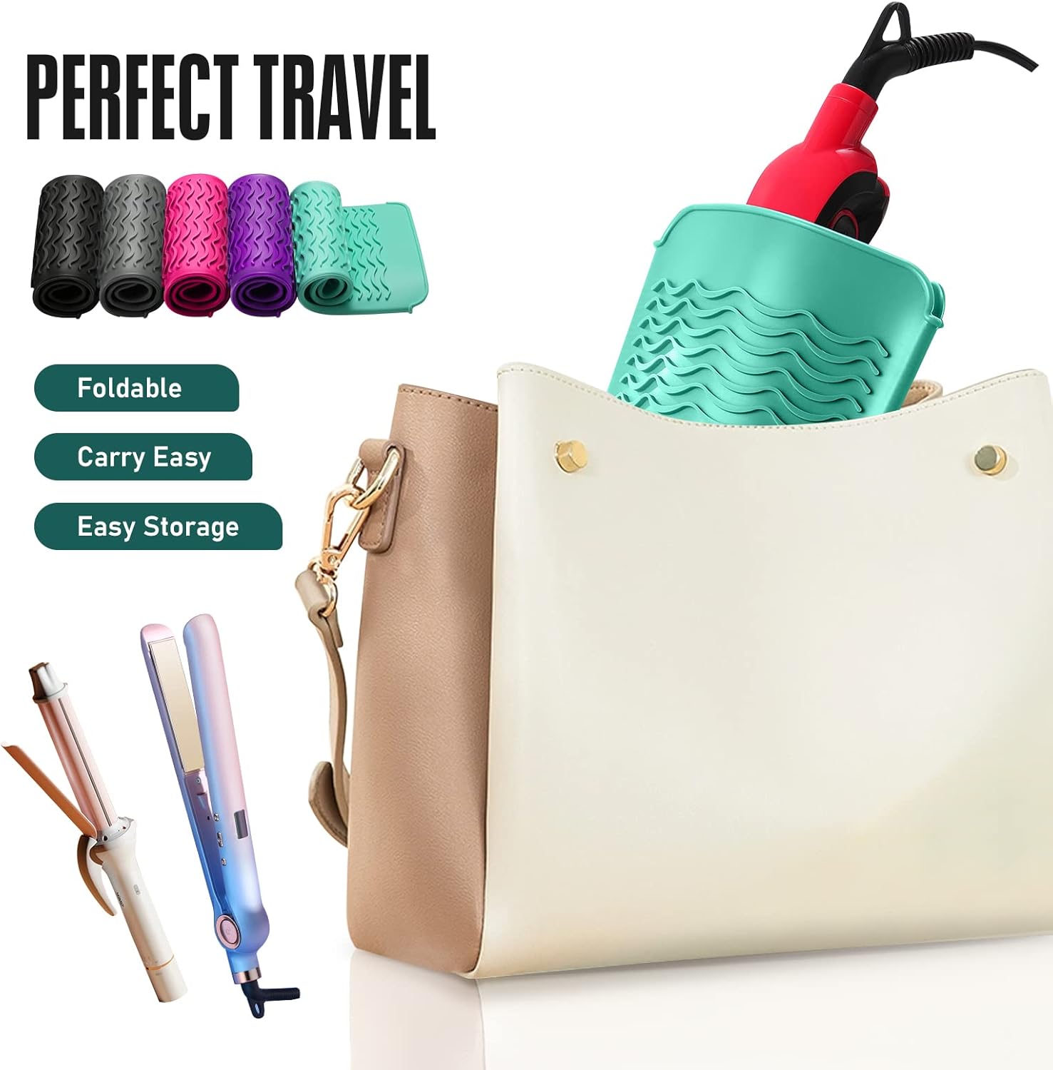 Bolsa de silicona resistente al calor para alisador de cabello, plancha plana, rizador, herramientas de cabello caliente (verde menta, paquete de 2)