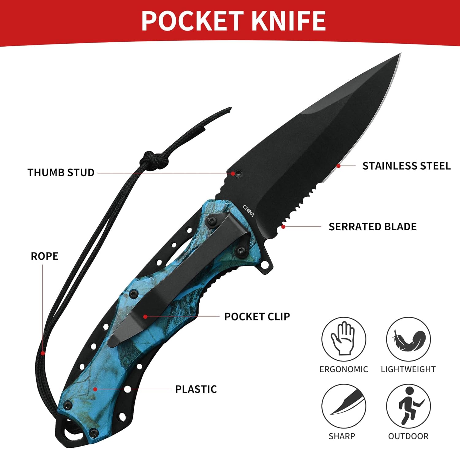 Cuchillo plegable afilado de 4.7 pulgadas, cuchillo dentado de bolsillo, cuchillos EDC con clip para cinturón y mango de cuerda para senderismo,