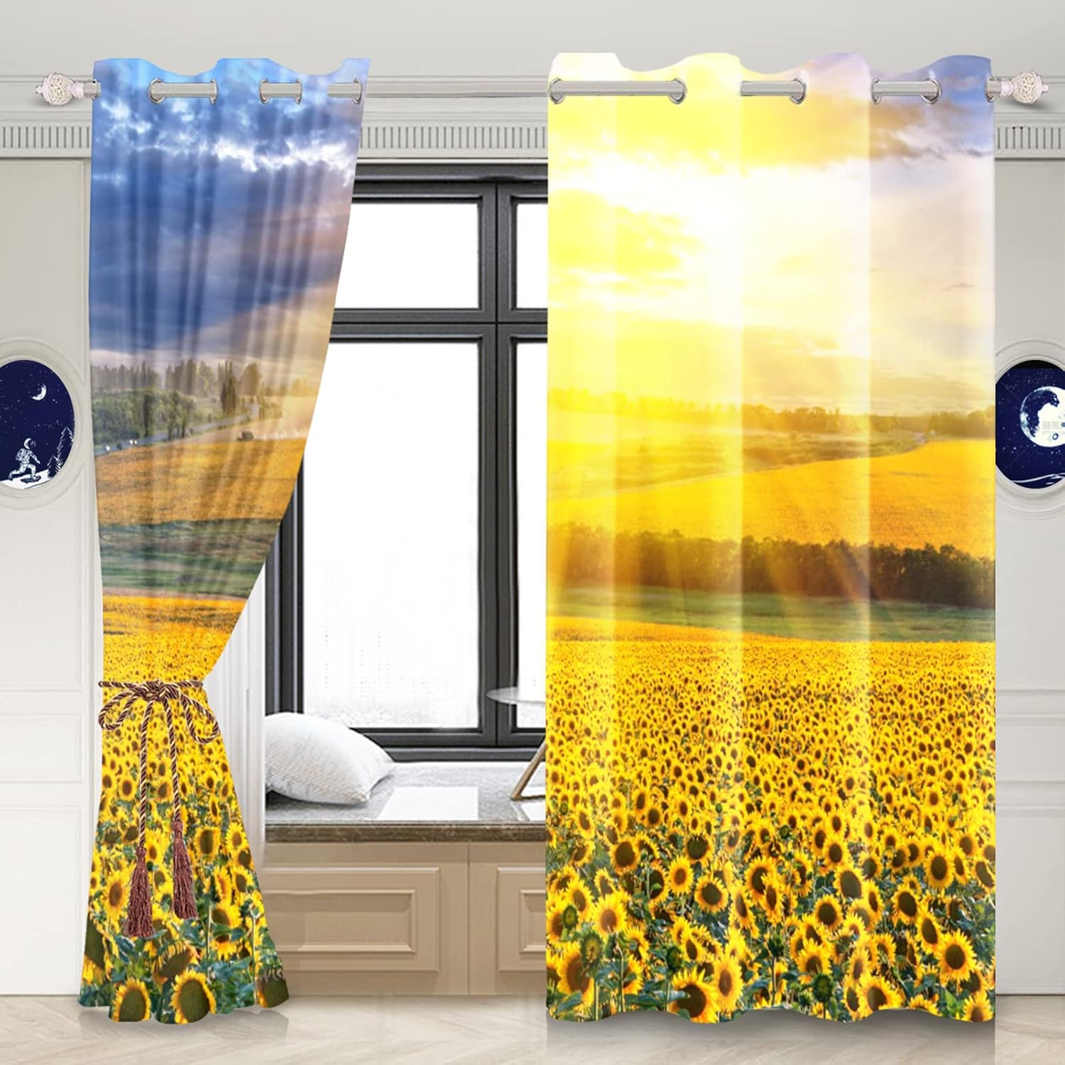 Renaiss Cortinas opacas con diseño de girasoles de amanecer, vida campestre, tierras de cultivo, dormitorio, paisaje natural, cortinas amarillas