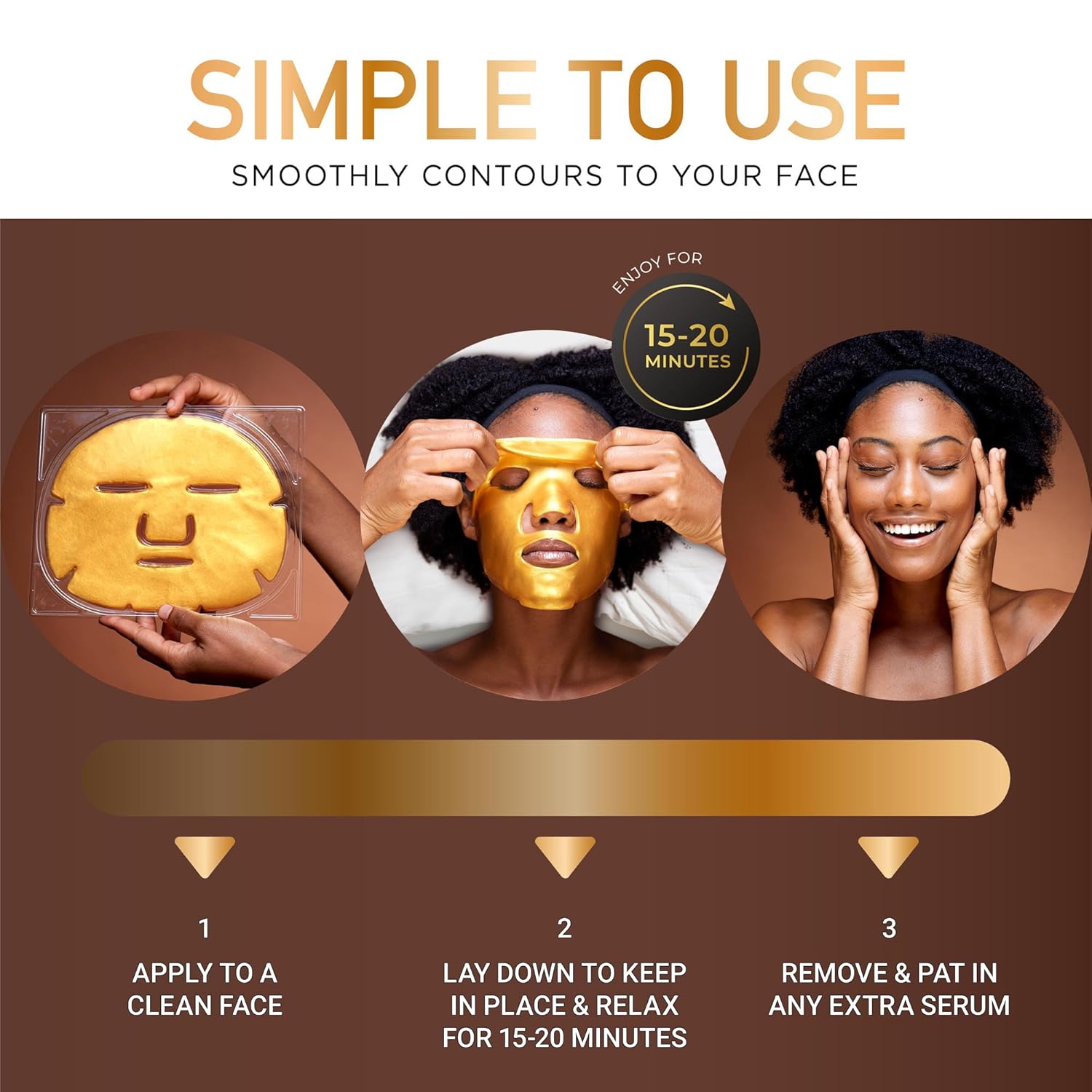 DERMORA Máscara de tratamiento de la piel, máscara facial de brillo dorado, paquete de 20 máscaras faciales de gel, máscaras faciales