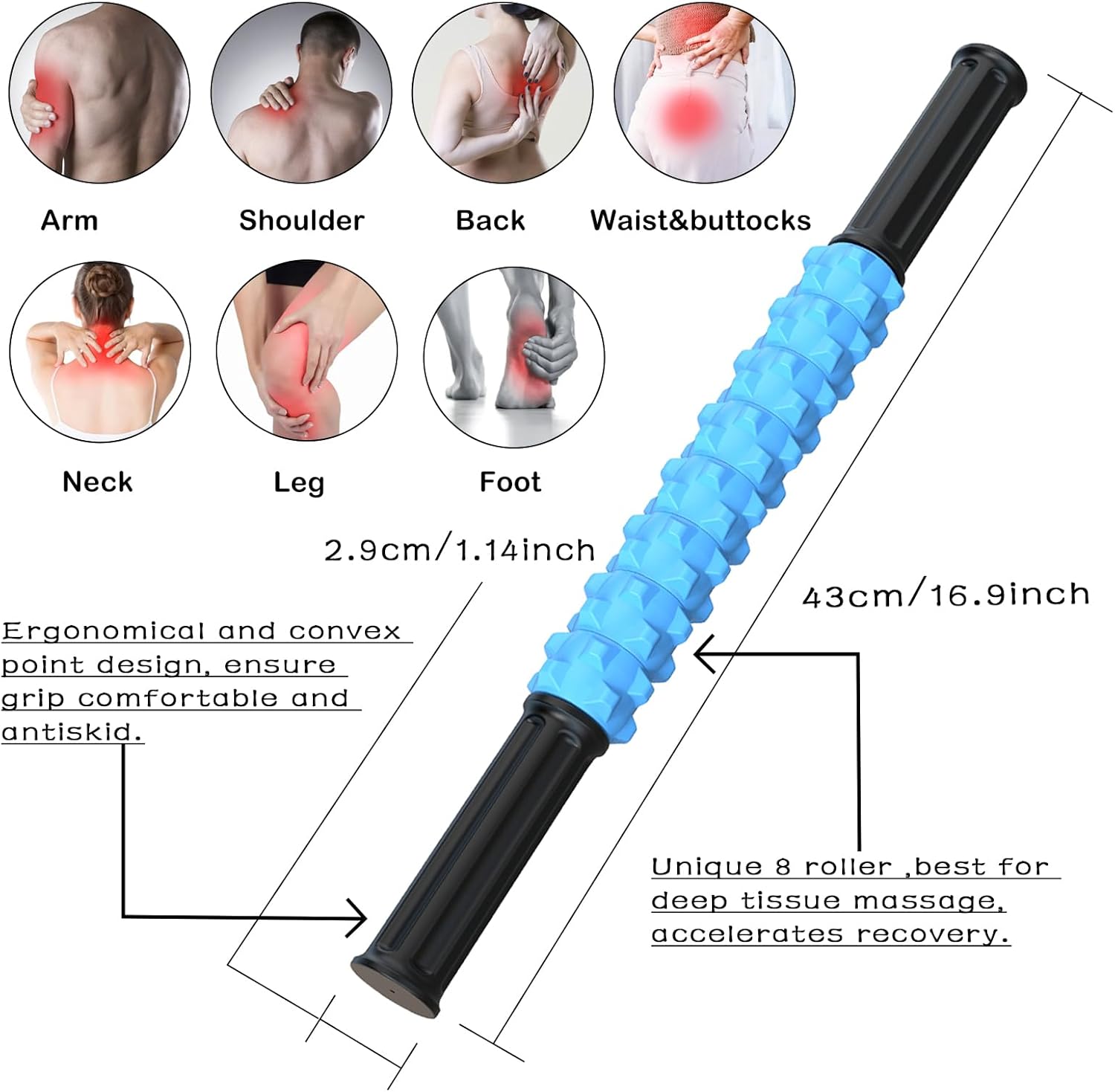Barra de masaje, barra de masaje manual, barra de balanceo muscular para aliviar el dolor muscular y reducir el espasmo y la tensión muscular. Azul