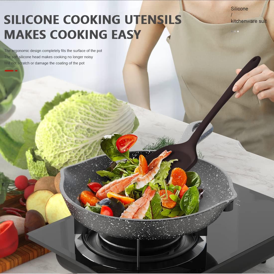 Juego de utensilios de cocina de silicona  446 F resistentes al calor utensilios de cocina, pinzas giratorias, espátula, cuchara, cepillo, batidor,
