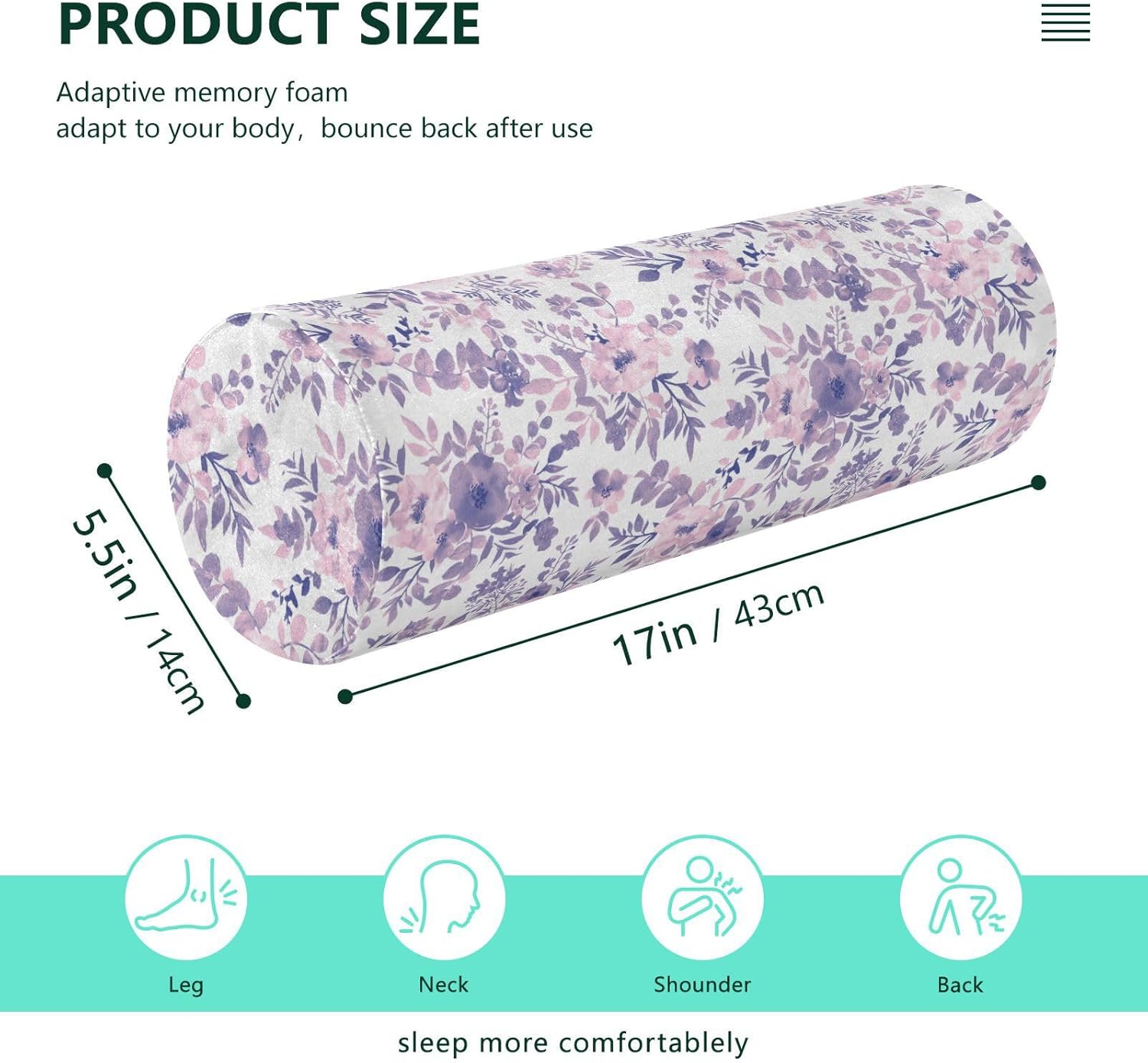 FRODOTGV Purple Floral Industrial Knee Bolster Pillow for Legs Neck Roll Pillows Round Pillows Decorative Foam Cylinder Pillow Knee Support Pillow