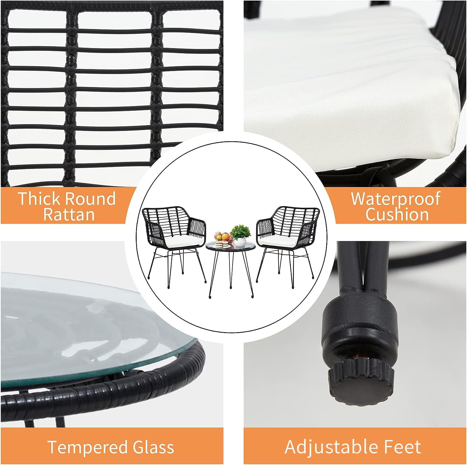 Juego de muebles de mimbre de 3 piezas, incluye 2 sillas y mesa superior de cristal, ideal para porche, al aire libre, patio, apartamento, balcón,