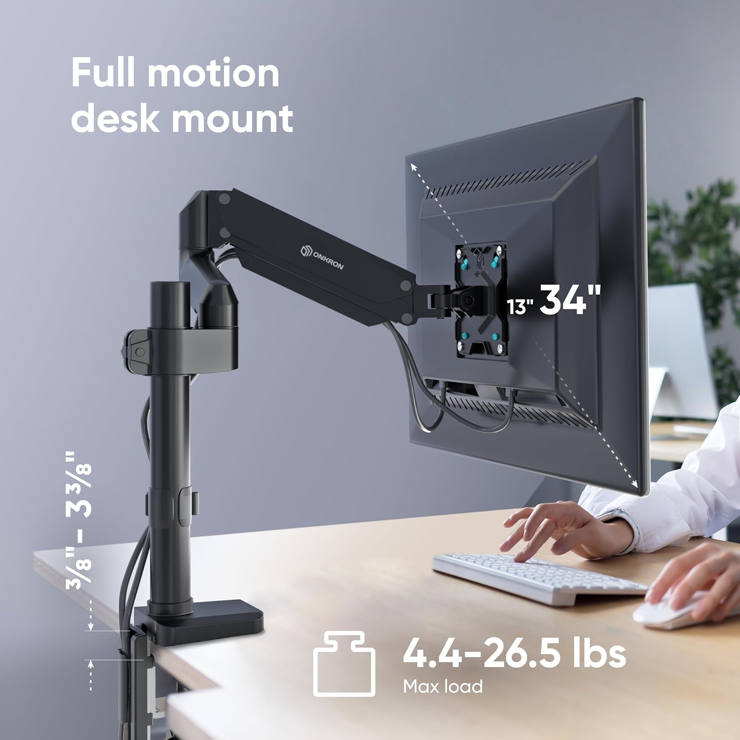 ONKRON Soporte de escritorio con brazo para monitor único para pantallas de 13 a 34 pulgadas de hasta 26.5 libras, brazo vertical para monitor con