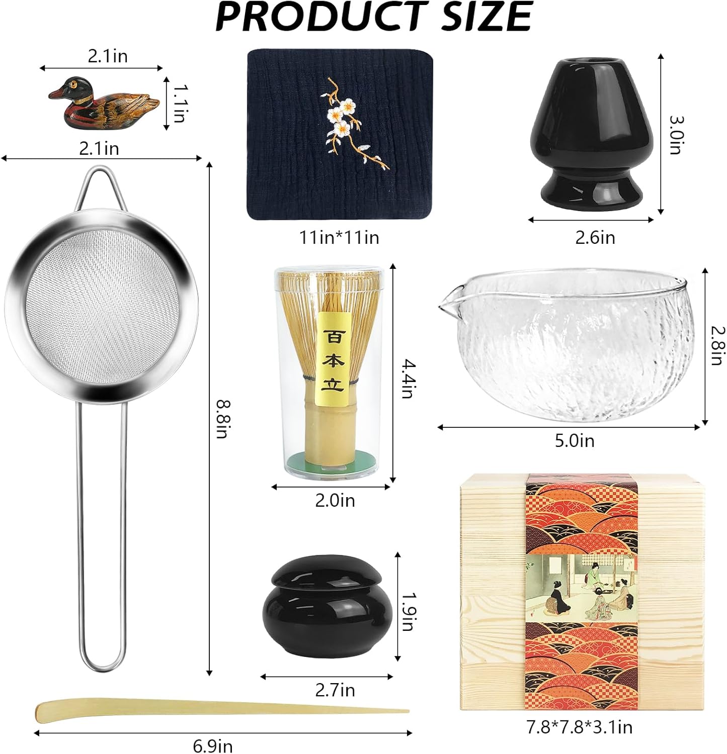 Artcome Juego de té matcha japonés, cuenco de vidrio con boquilla para verter, batidor de bambú, soporte para batidor de cerámica, estuche de
