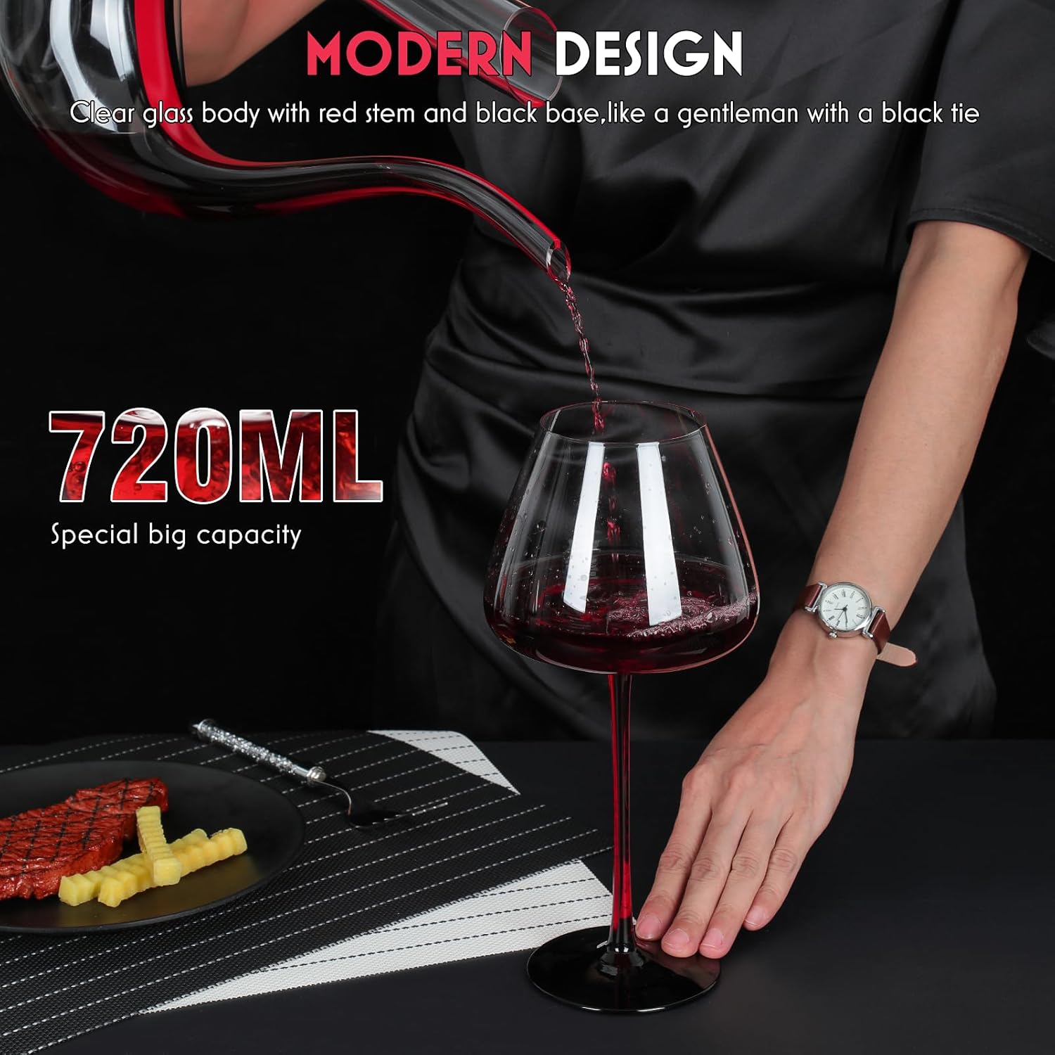 sugarchef Juego de 2 copas de vino tinto grandes modernas de 25 onzas sopladas a mano con tallo rojo base negra para boda, aniversario, día del