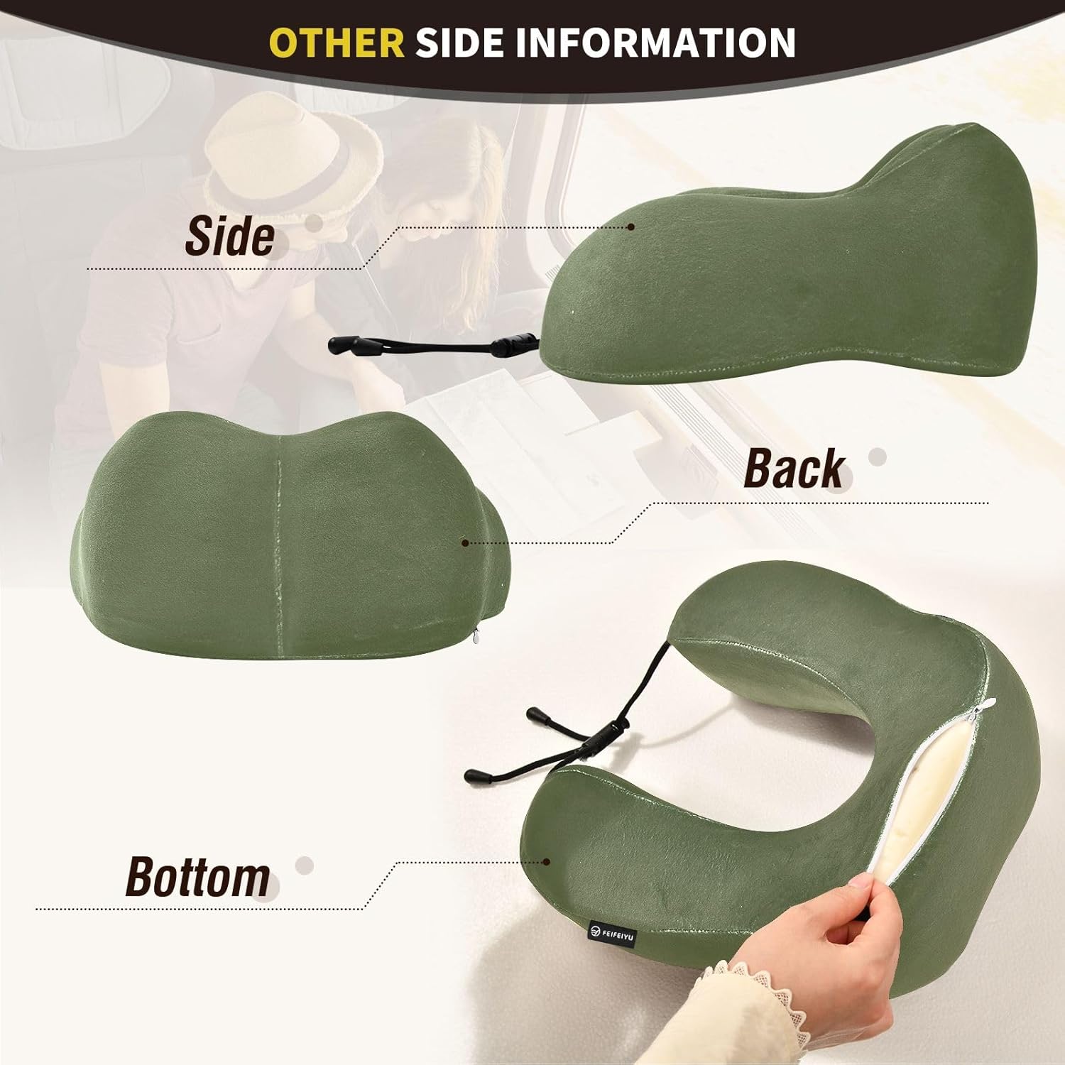 Almohada verde militar del cuello de la espuma de la memoria, con el bolso del almacenamiento del cordón, almohada para el avión