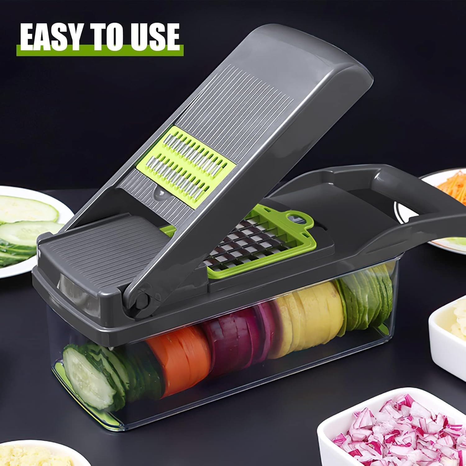 Picador de verduras 15 en 1, cortador de verduras con 8 cuchillas de cebolla picadora de verduras de gran capacidad para papa, tomate, pepino,