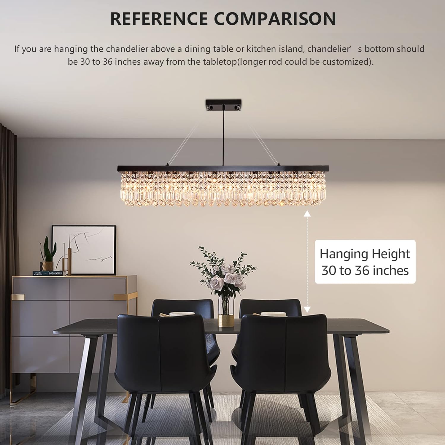 Moooni Lámpara rectangular para comedor, moderna lámpara rectangular de cristal negro para comedor, 10 luces, lámpara de araña de cristal ajustable