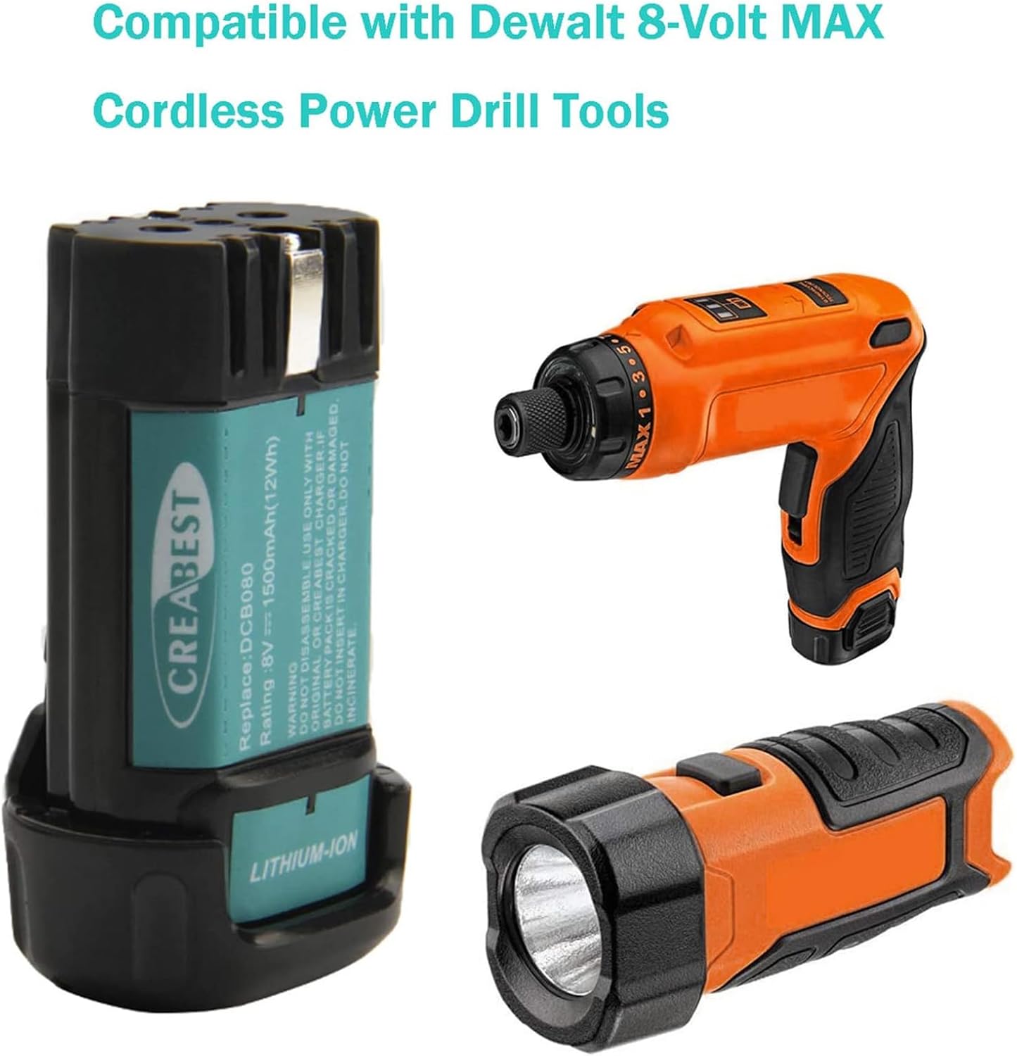 CREABEST Batería de iones de litio de 1500 mAh de 8 voltios compatible con DEWALT MAX DCB080 DW4390 DCF680N1 DCF680N2 DCF680G2