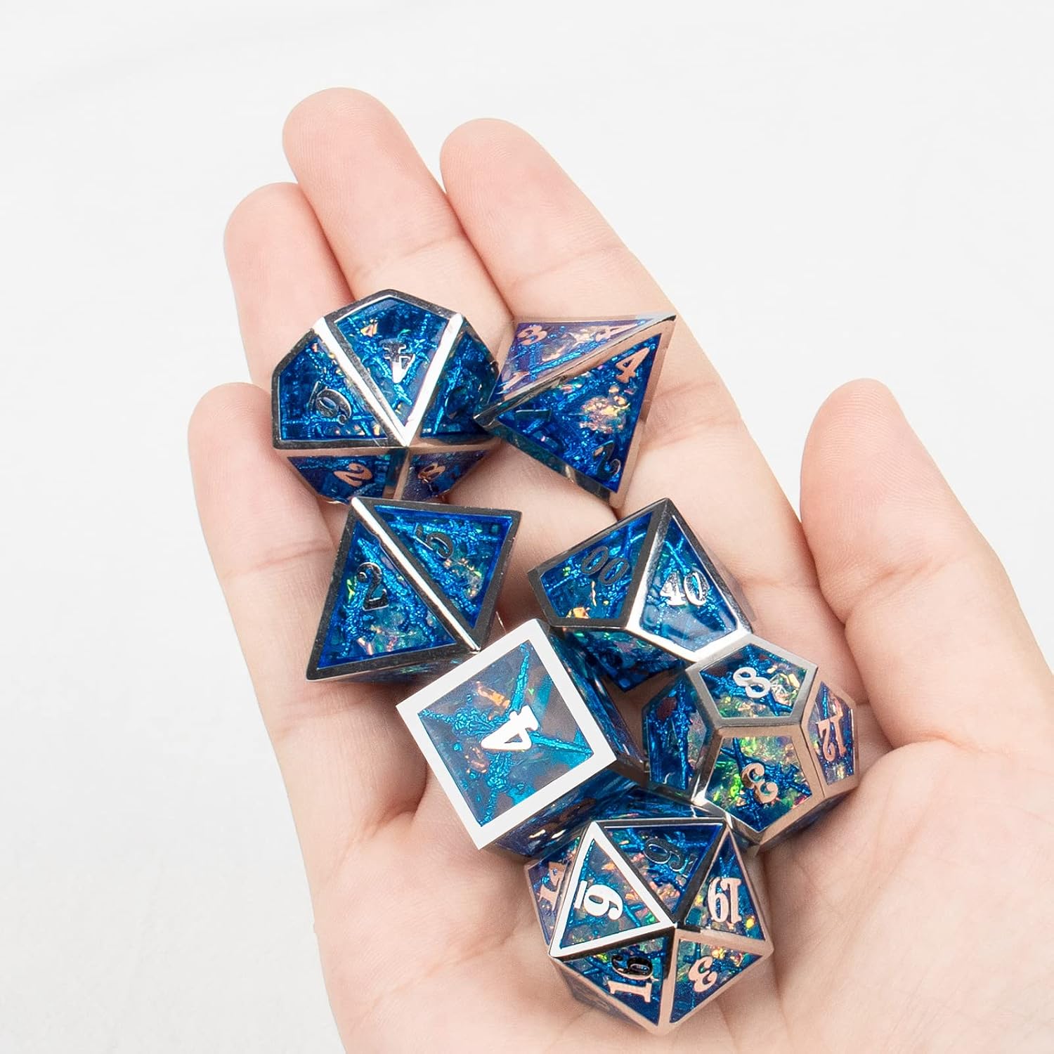 Dados DND, dados de metal huecos D&D, dados de resina de doble espada con caja de regalo para juegos de mazmorras y dragones, 7 piezas de dados