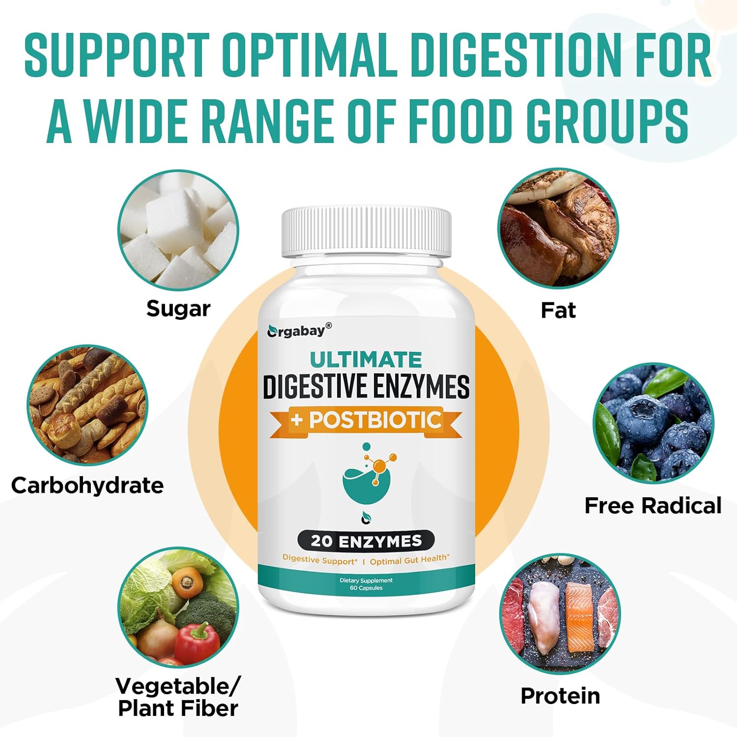 Orgabay Enzimas digestivas de 1000 mg con postbióticos, mezcla de 20 enzimas para hinchazón, digestión óptima y función intestinal, 120 cápsulas