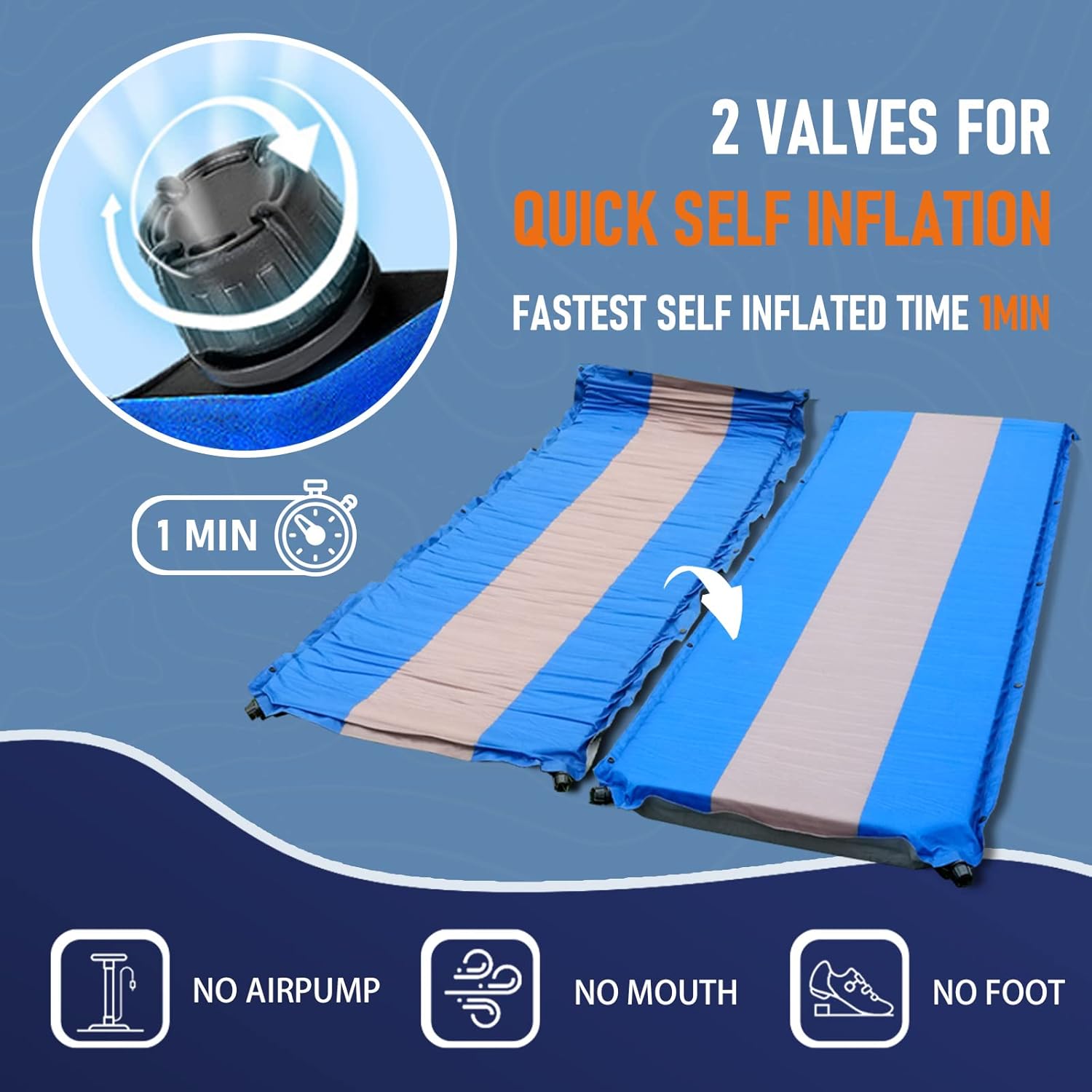 MEREZA Almohadilla de dormir de espuma viscoelástica autoinflable+sacos de dormir para 2 personas, 3 pulgadas de grosor, doble almohadilla de