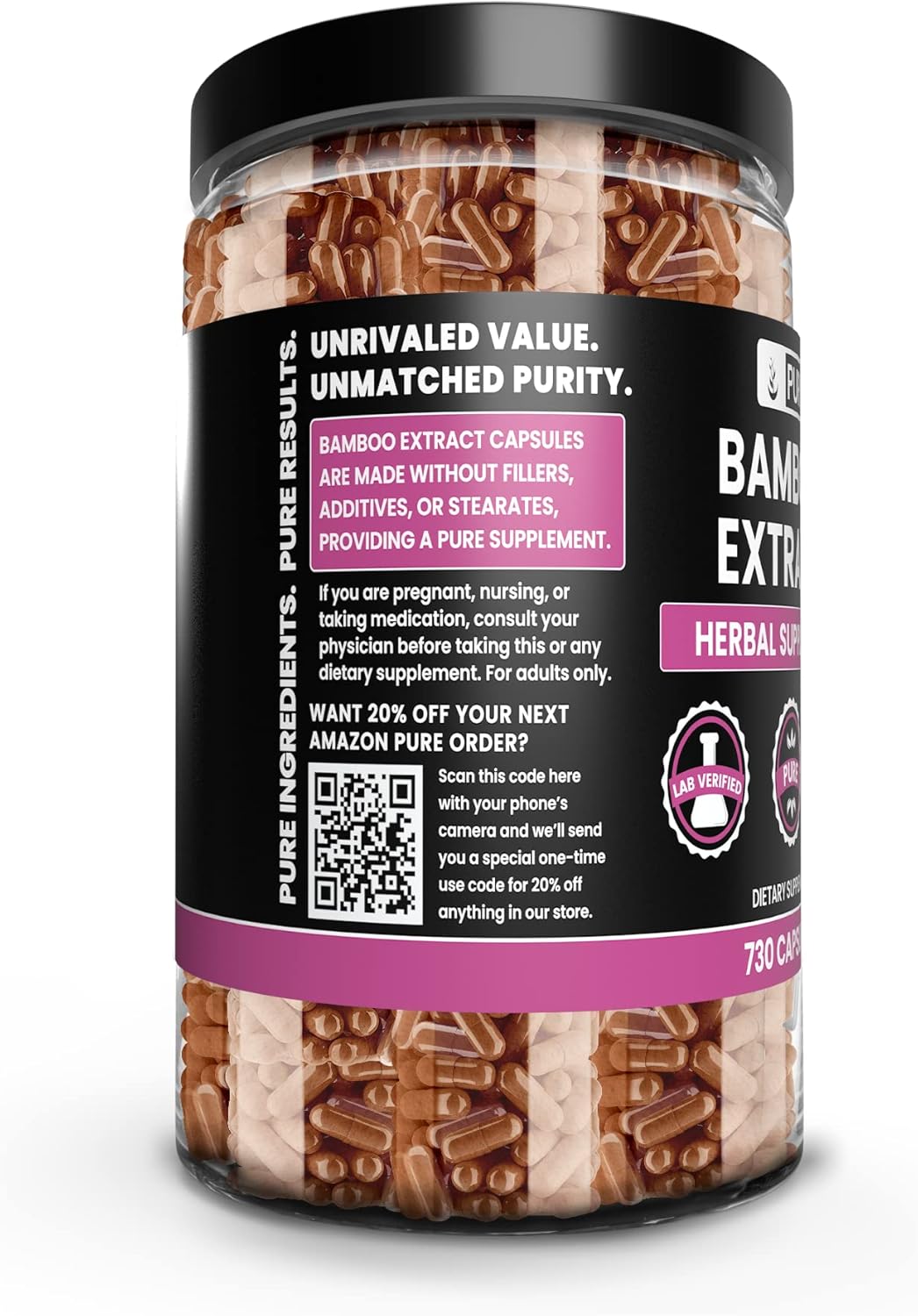 Pure Original Ingredients Extracto de bambú (730 cápsulas) sin rellenos de magnesio o arroz, siempre puro, verificado por laboratorio