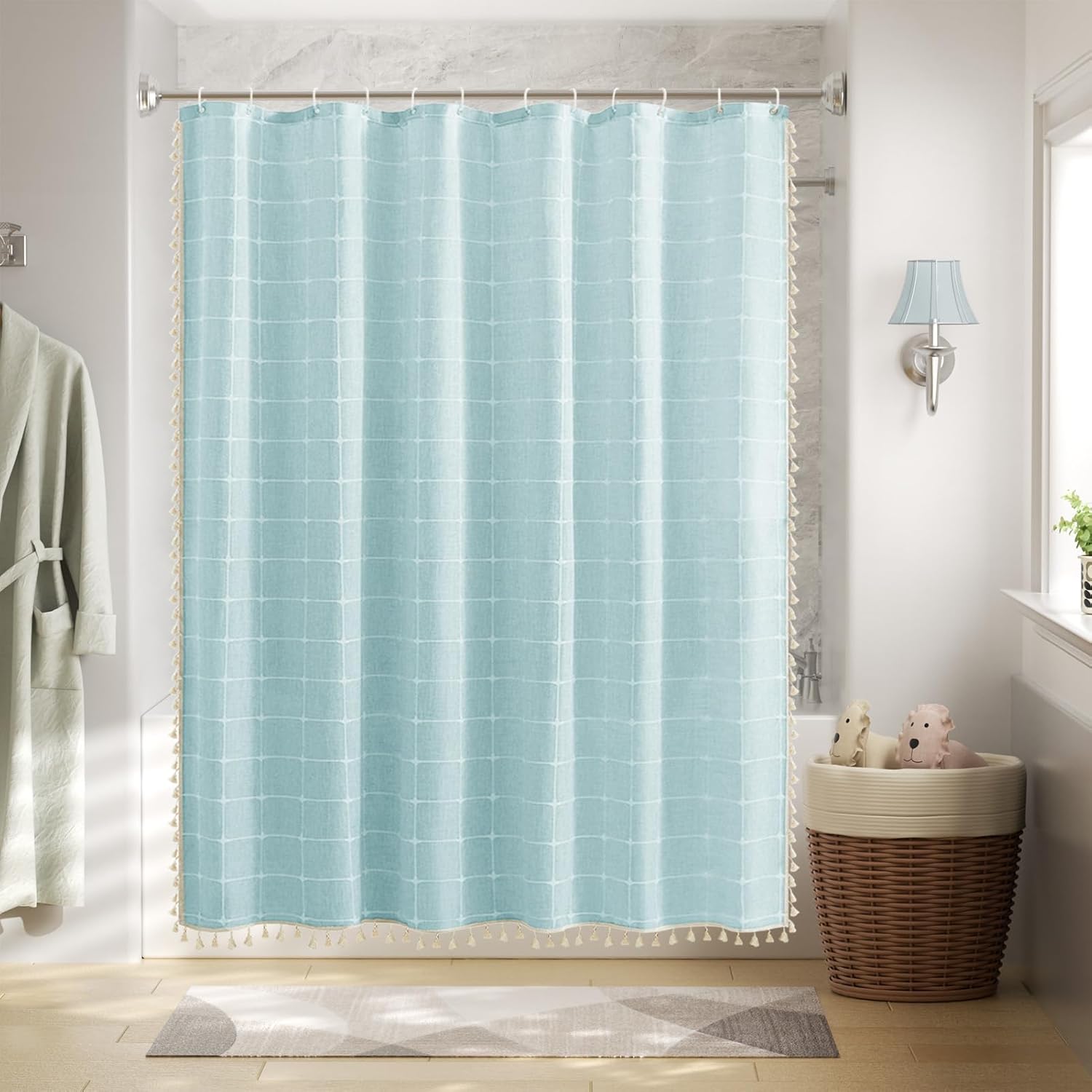 Cortina de ducha estilo bohemio, 72 x 84 pulgadas, extra larga, elegante, de lino grueso, con borlas, con ganchos, moderna, elegante, color
