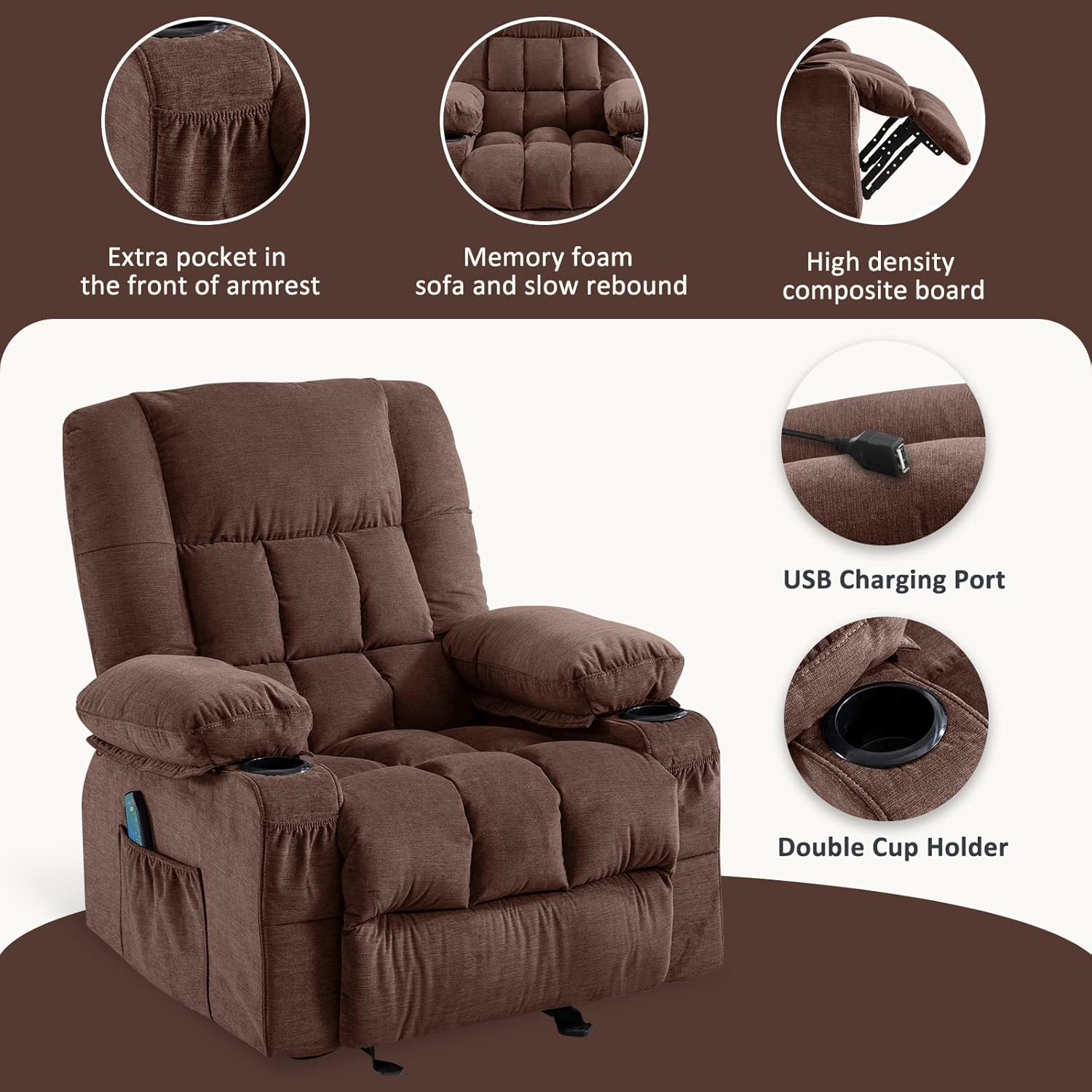 Silla reclinable de masaje con masaje por vibración y calor, ergonómica para sala de estar con función de balanceo y bolsillo lateral, 2 portavasos,