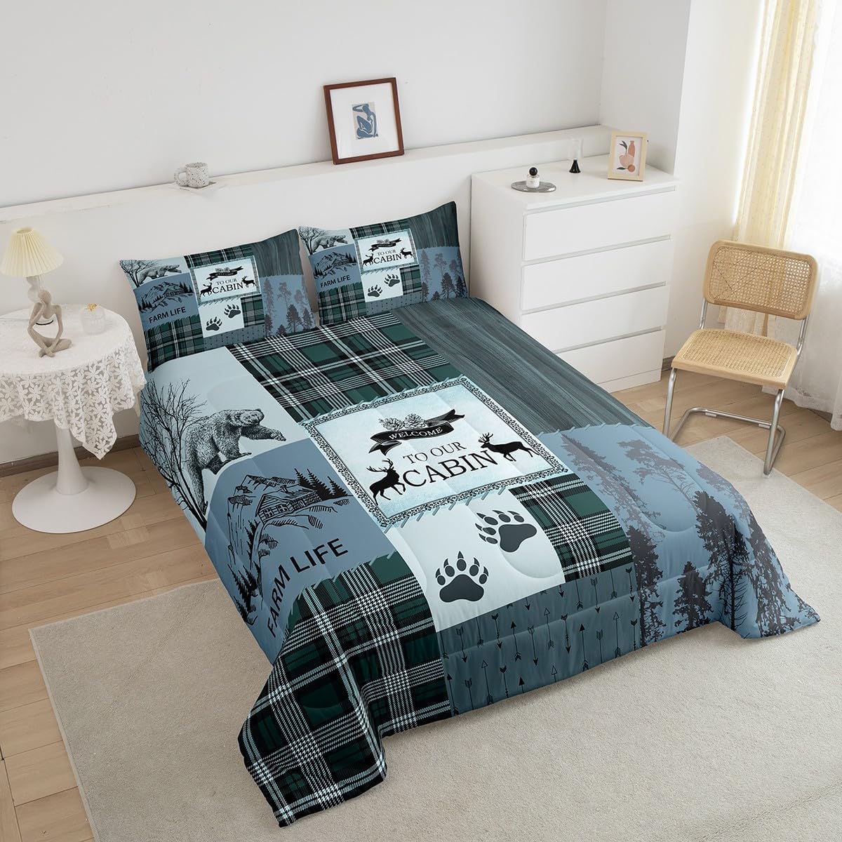 Manfei Rutic Farmhouse – Juego de edredón tamaño King, juego de ropa de cama de retazos de madera a cuadros de ciervo, oso, árbol, 3 piezas para