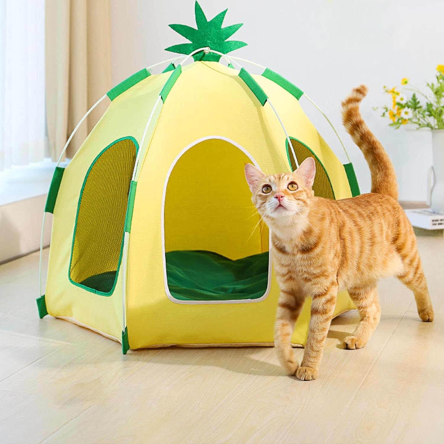 Tipi para mascotas, cama portátil para interior tipo tipi para perros, linda casa de refrigeración para mascotas, desmontable y lavable con malla
