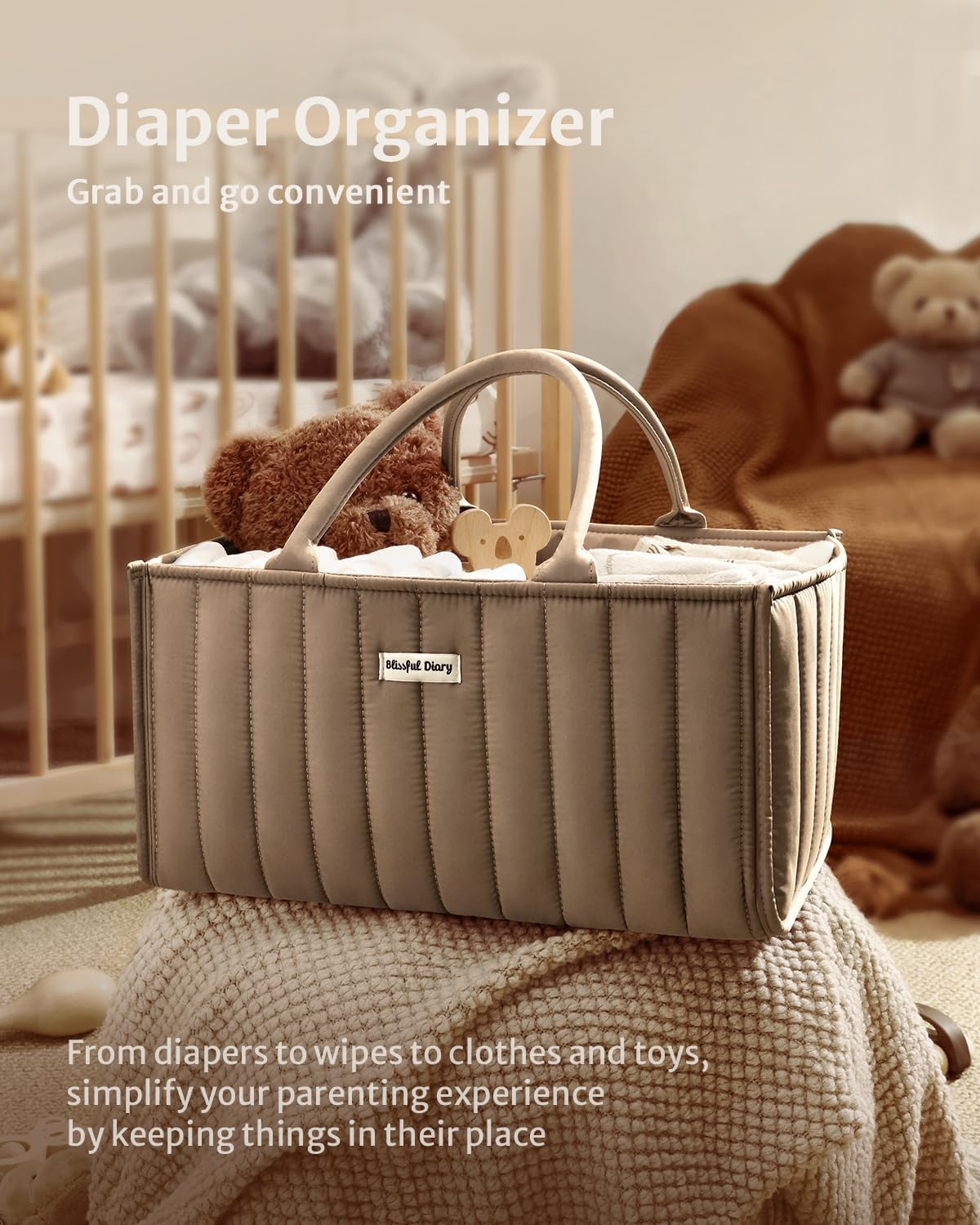 Blissful Diary Cesta de pañales para bebé, elegante organizador de pañales para bebé, cesta de almacenamiento para pañales, lista de regalos para