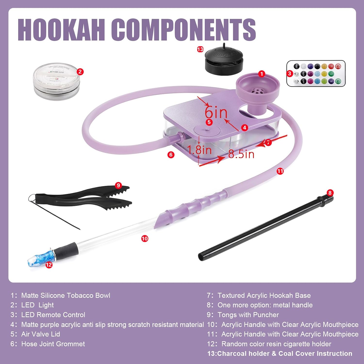 Conjunto de cachimba portátil con base texturizada moderna, 2 tipos de mangos+soporte de cigarrillo de viaje+luz LED remota+accesorios Narguile