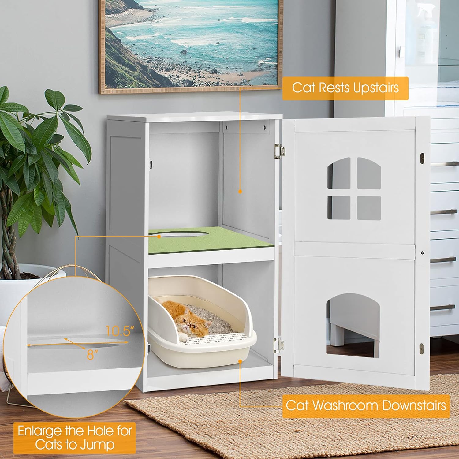 Tangkula Caja de arena para gatos, casa decorativa para gatos de 2 niveles con 2 ventanas ventiladas, mesita de noche interior, casa para mascotas,