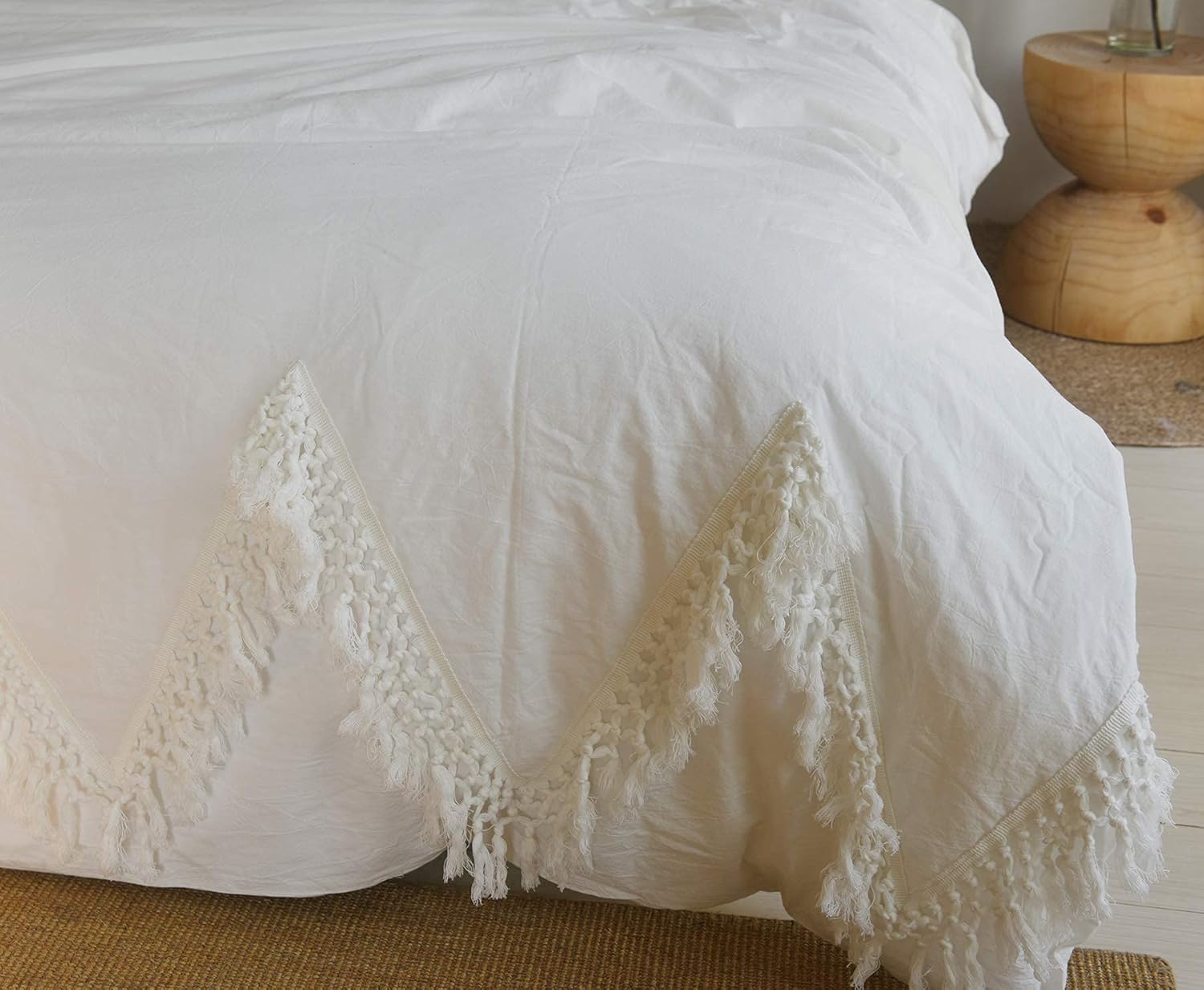 Funda de edredón bohemia blanca, tamaño Queen, estilo bohemio, con borlas, decoración de dormitorio, 86 x 90 pulgadas