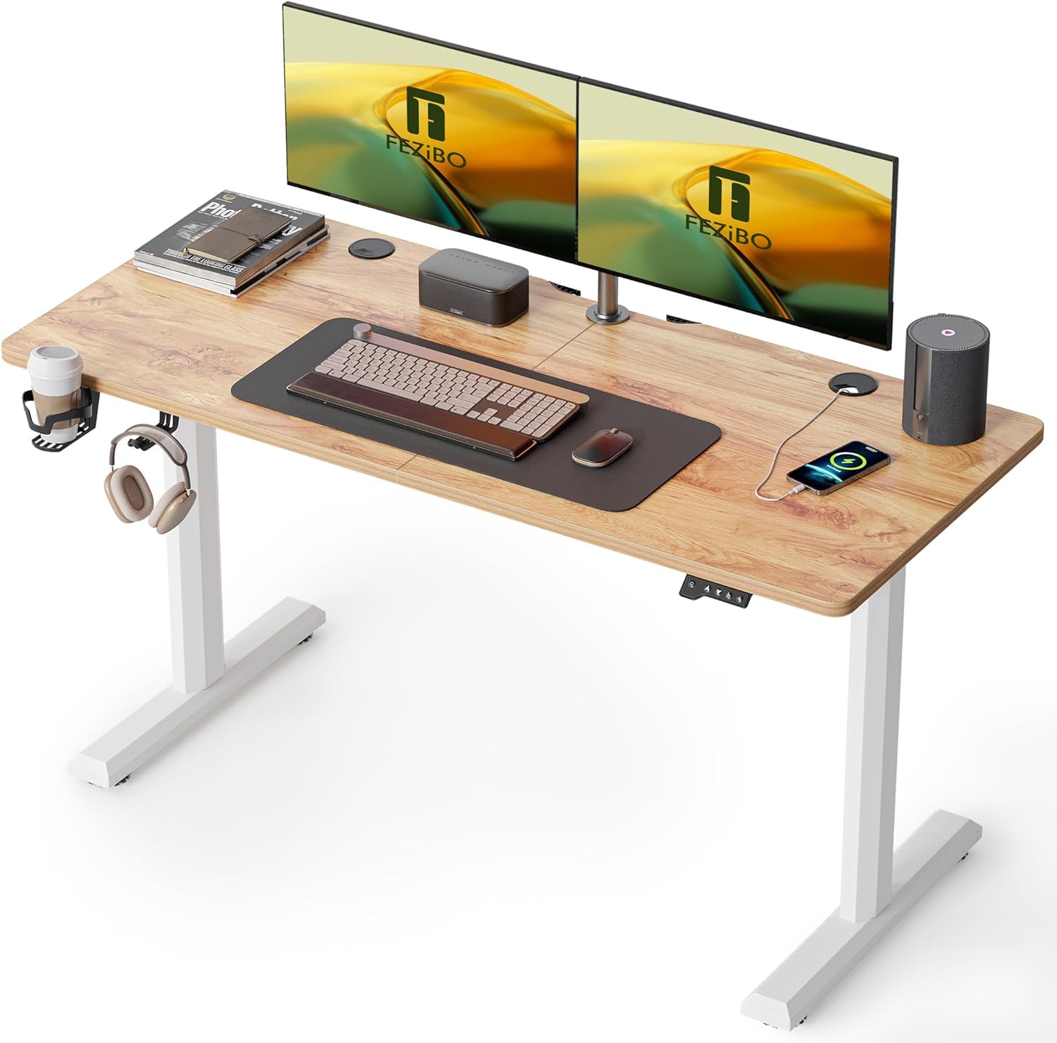 FEZIBO Escritorio eléctrico de pie ajustable en altura, mesa de pie de 55 x 24 pulgadas, escritorio de oficina en casa con tablero de empalme,