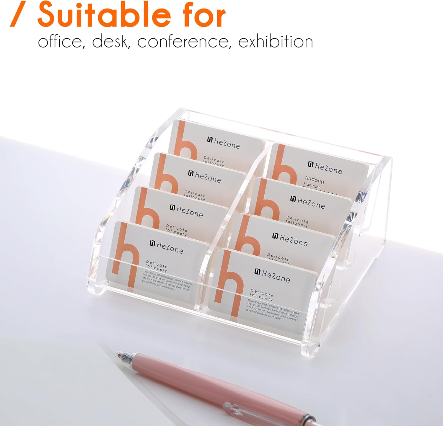 HeZone Soporte para tarjetas de visita para escritorio, soporte para tarjetas de acrílico transparente, múltiples 8 ranuras, 4 niveles, soporte para