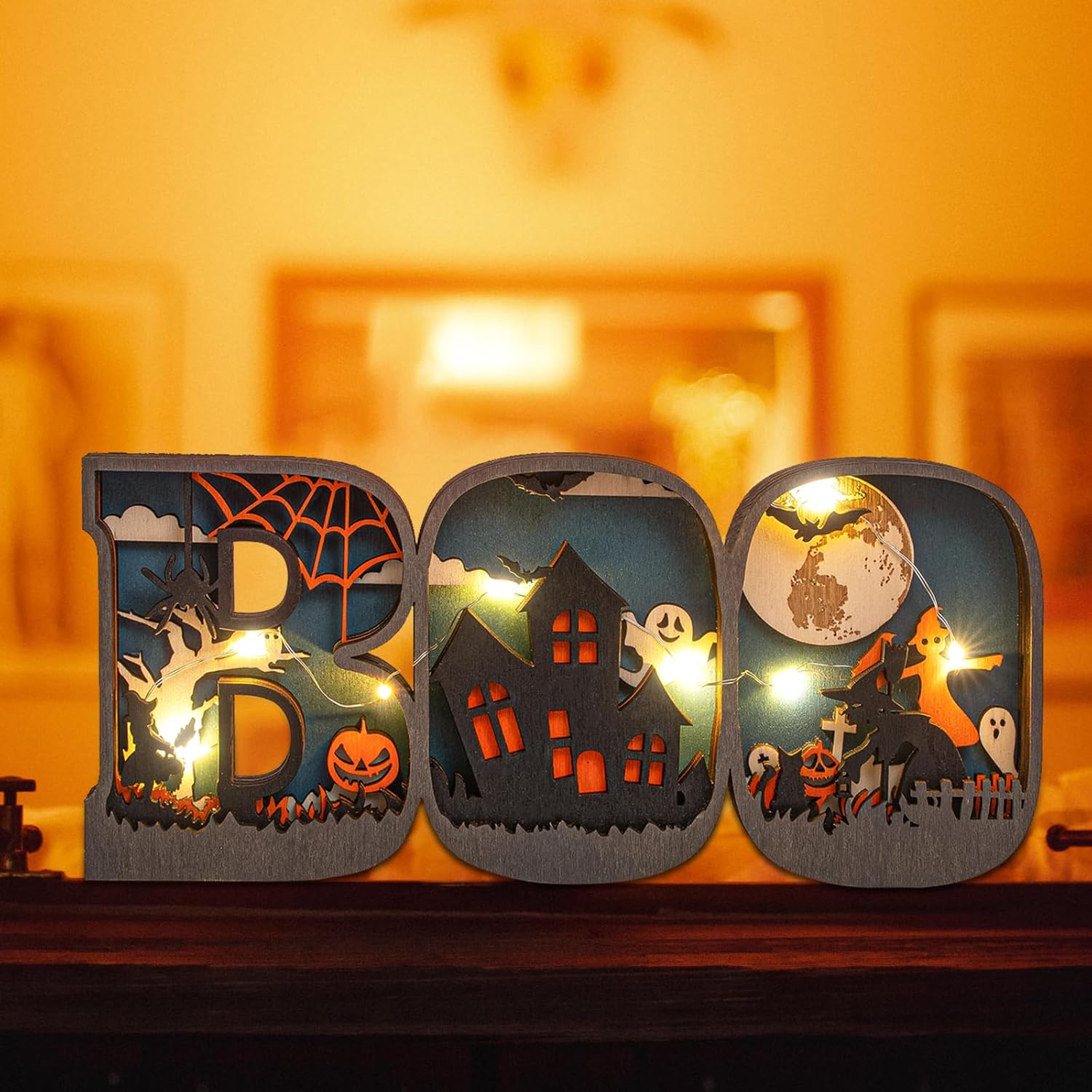 Letrero de madera para Halloween, adornos de madera tallada con luces LED, lámpara decorativa de madera para decoración de fiesta de mesa