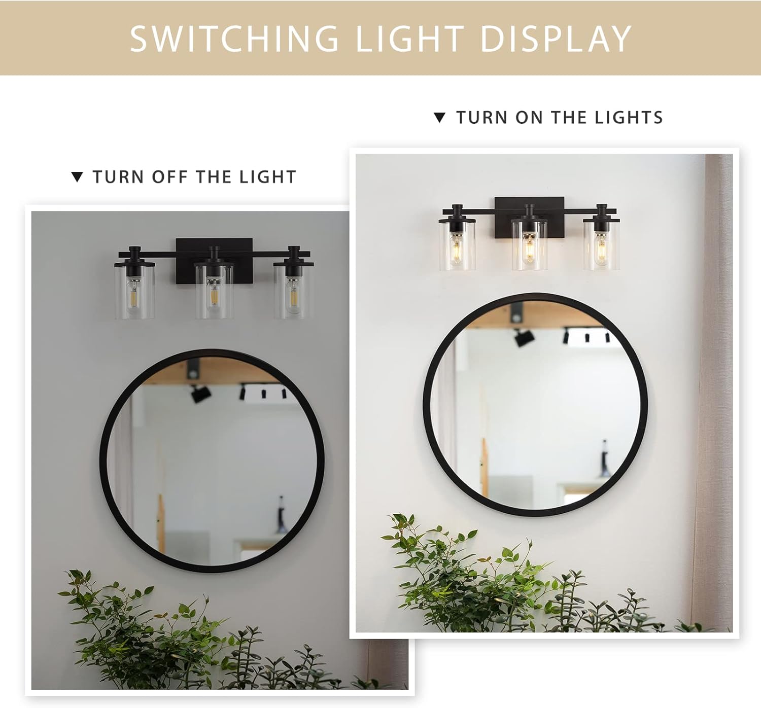 DADUL Lámparas de baño de 3 luces, lámparas de tocador de baño negro mate sobre el espejo, apliques de pared de baño para dormitorio, pasillo, sala