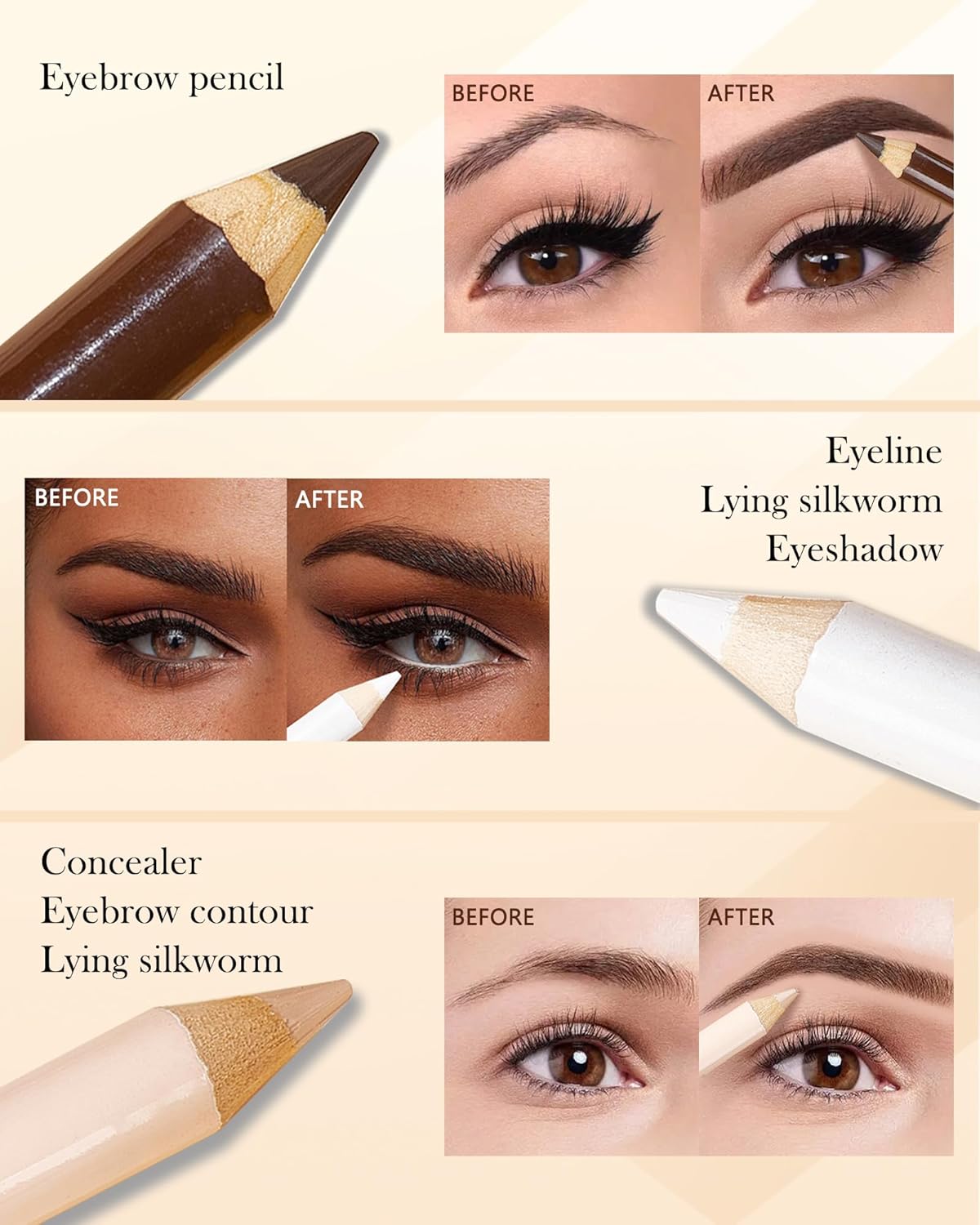 Lápiz de cejas para realzar las cejas, juego de 3 lápices de maquillaje de ojos impermeables de larga duración, lápiz de maquillaje de ojos,