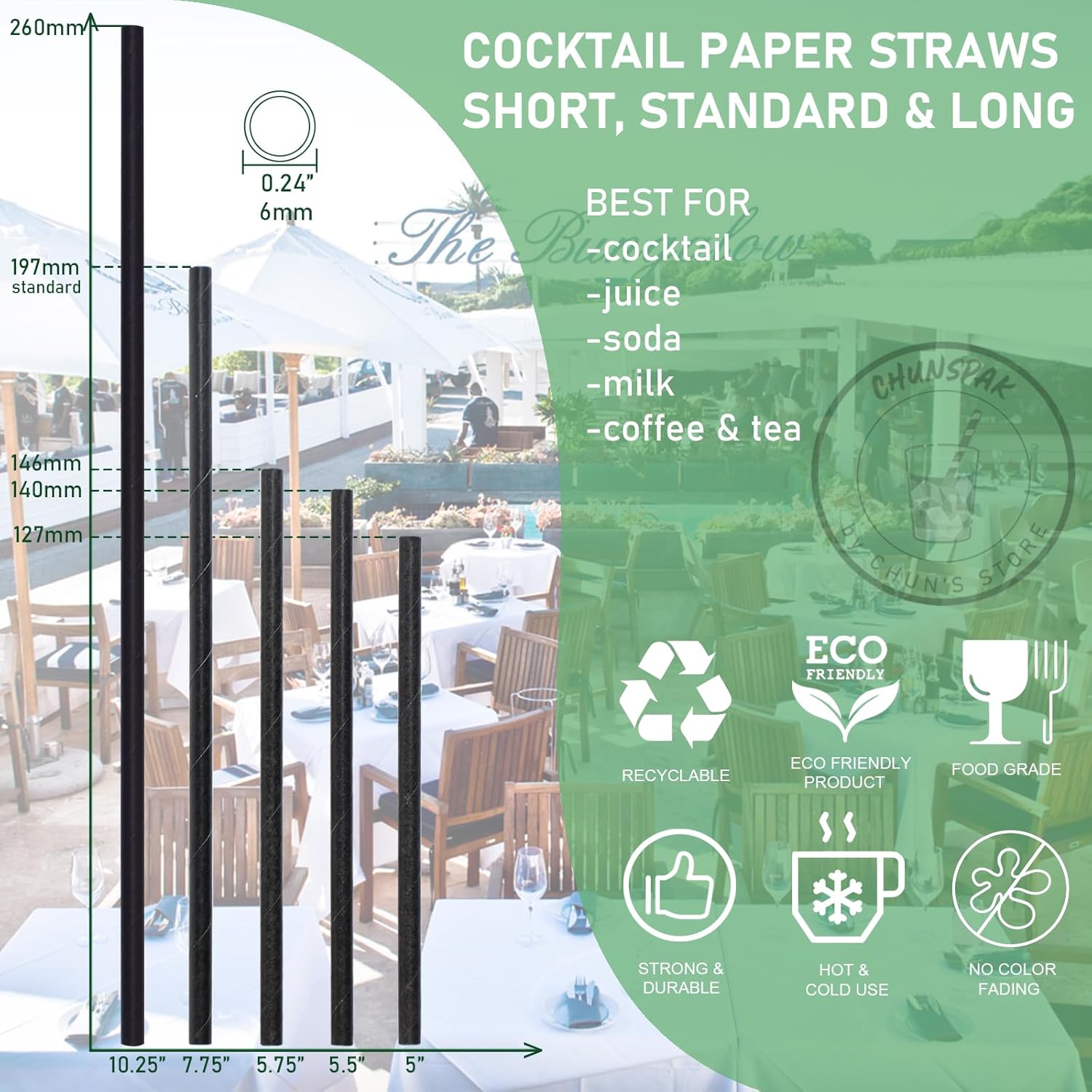 Chunspak Pajitas de cóctel desechables de papel negro de 10 pulgadas de largo, 250 unidades, sin envolver, para bebidas altas, bares y restaurantes