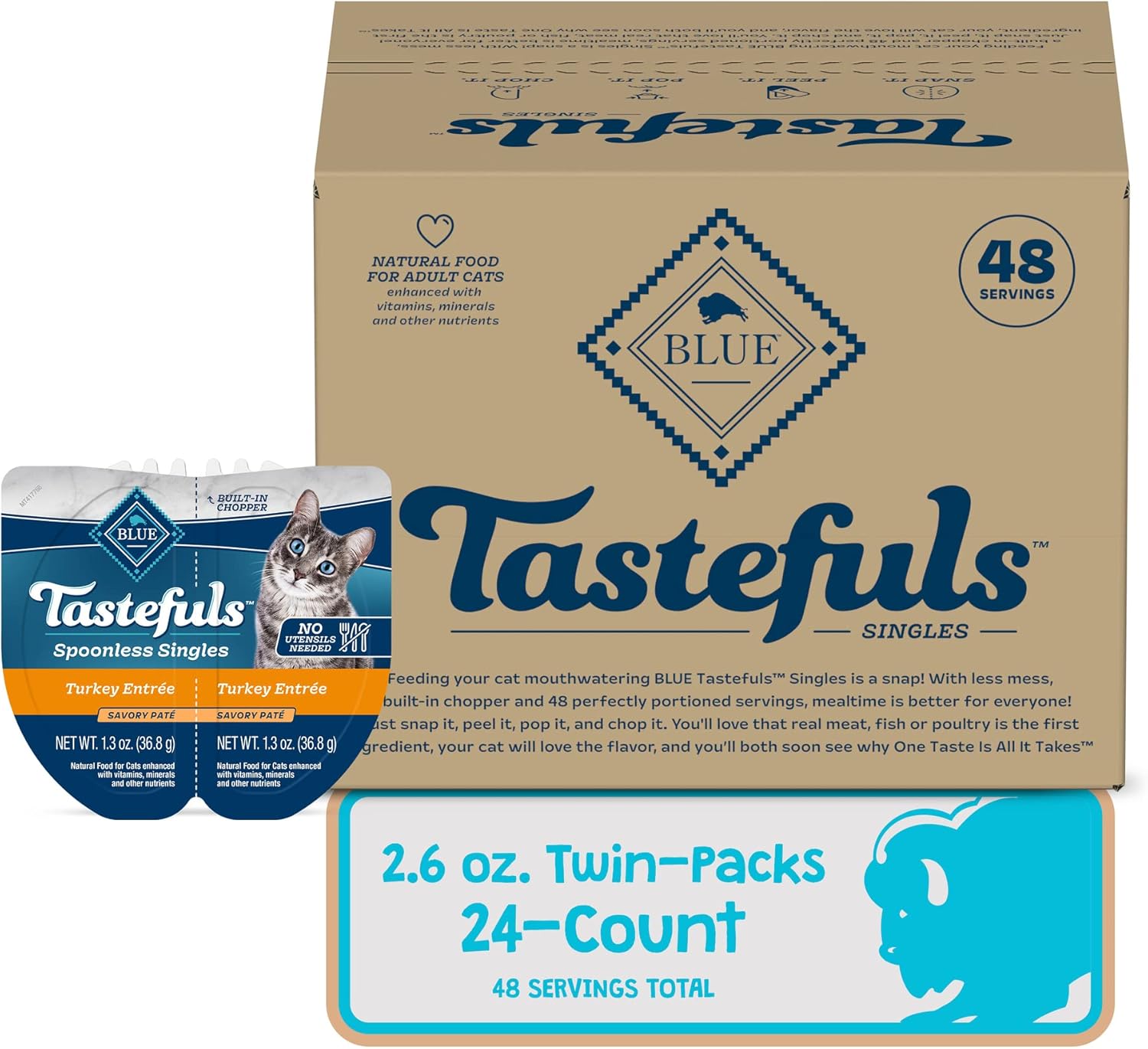 Blue Buffalo Tastefuls Spoonless Singles – Alimento húmedo para gatos adultos, plato principal de pavo, tazas perfectamente porcionadas en (24)