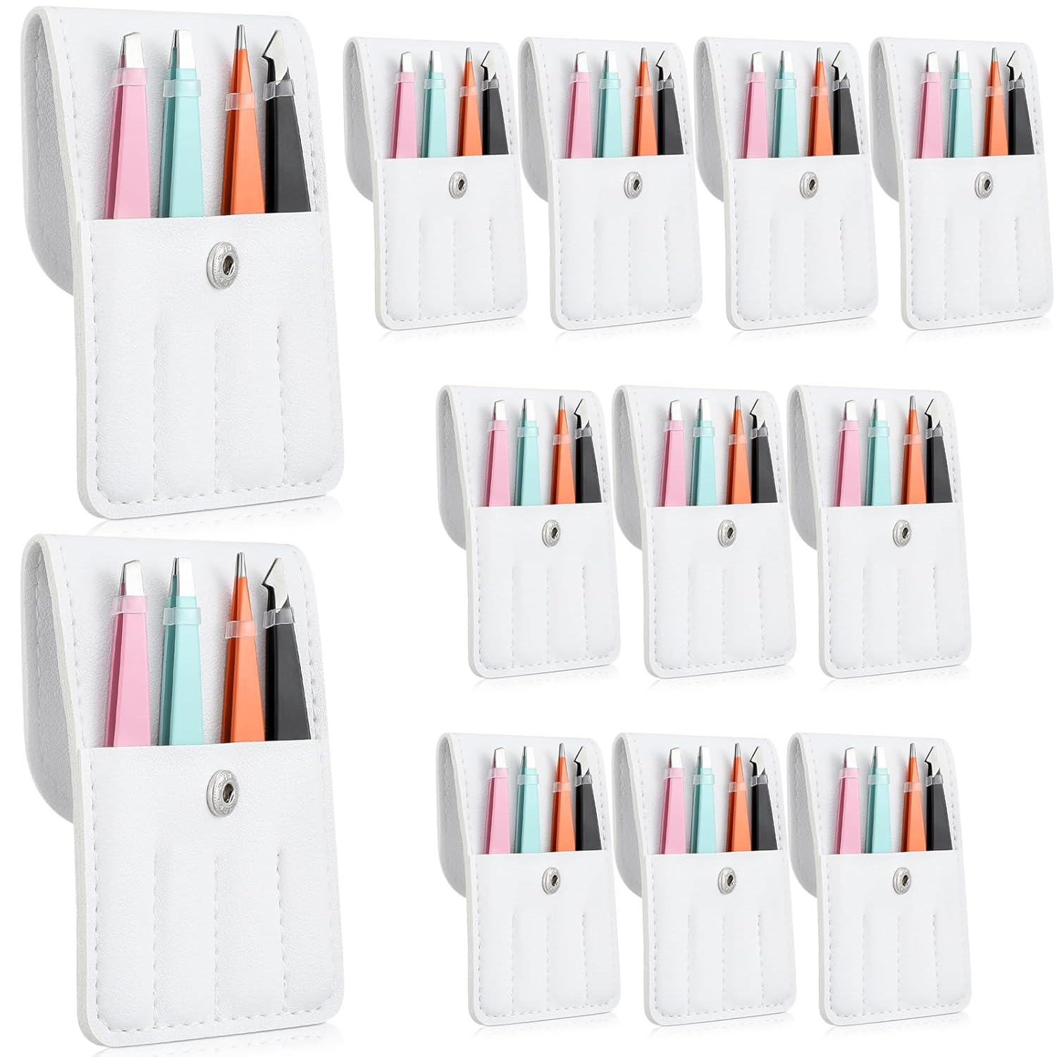 Juego de 12 pinzas con estuche de viaje de cuero, regalos de Navidad a granel regalos de fiesta para mujeres, kit de pinzas de cejas de acero