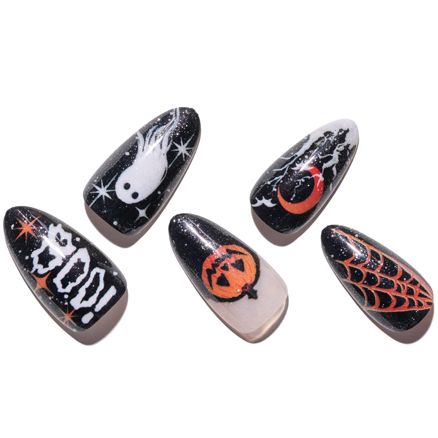 GLAMERMAID Uñas postizas cortas a presión de almendra para Halloween, uñas postizas de gel gótico negro con diseño de calavera, uñas ovaladas