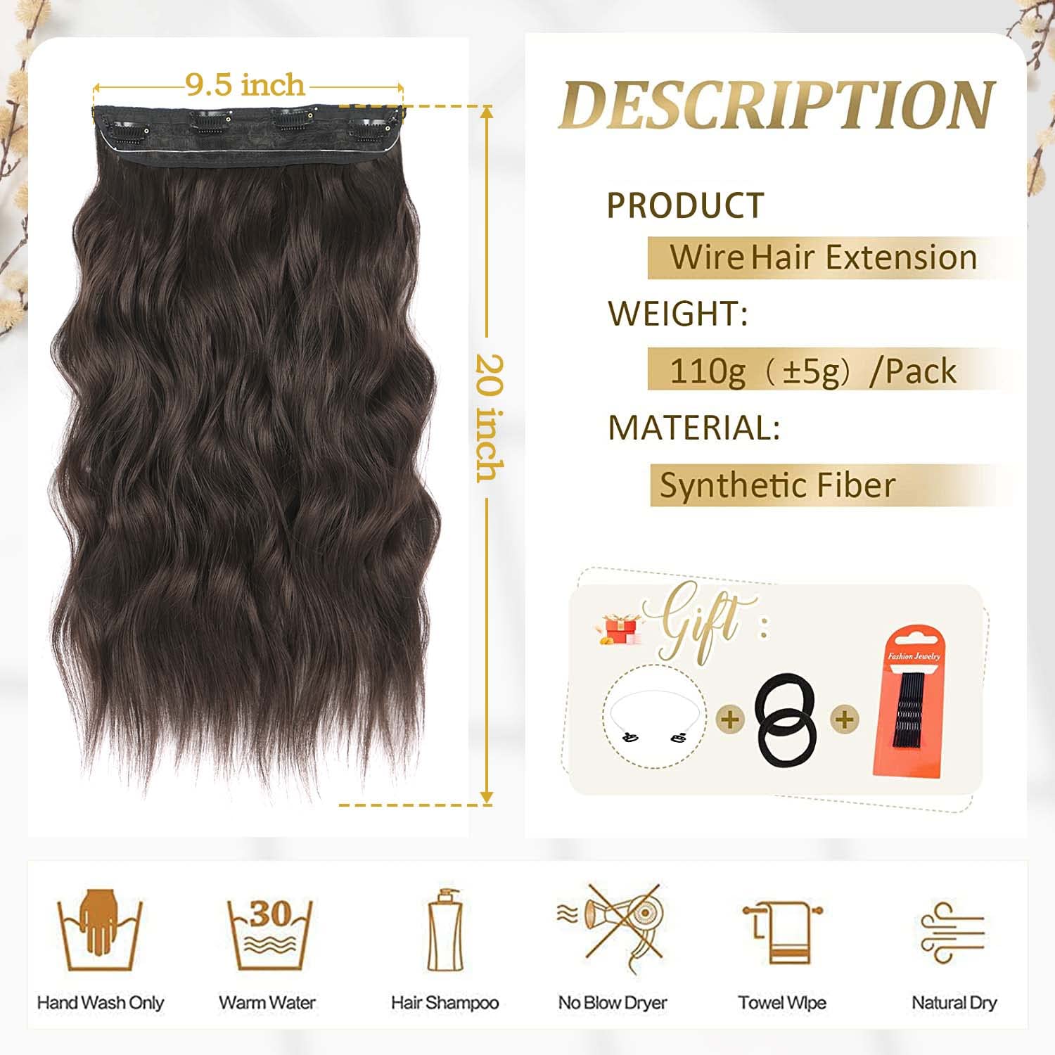 Extensiones de cabello sintético largo ondulado de 20 pulgadas con alambre transparente ajustable, con 4 clips seguros, para uso diario en fiestas