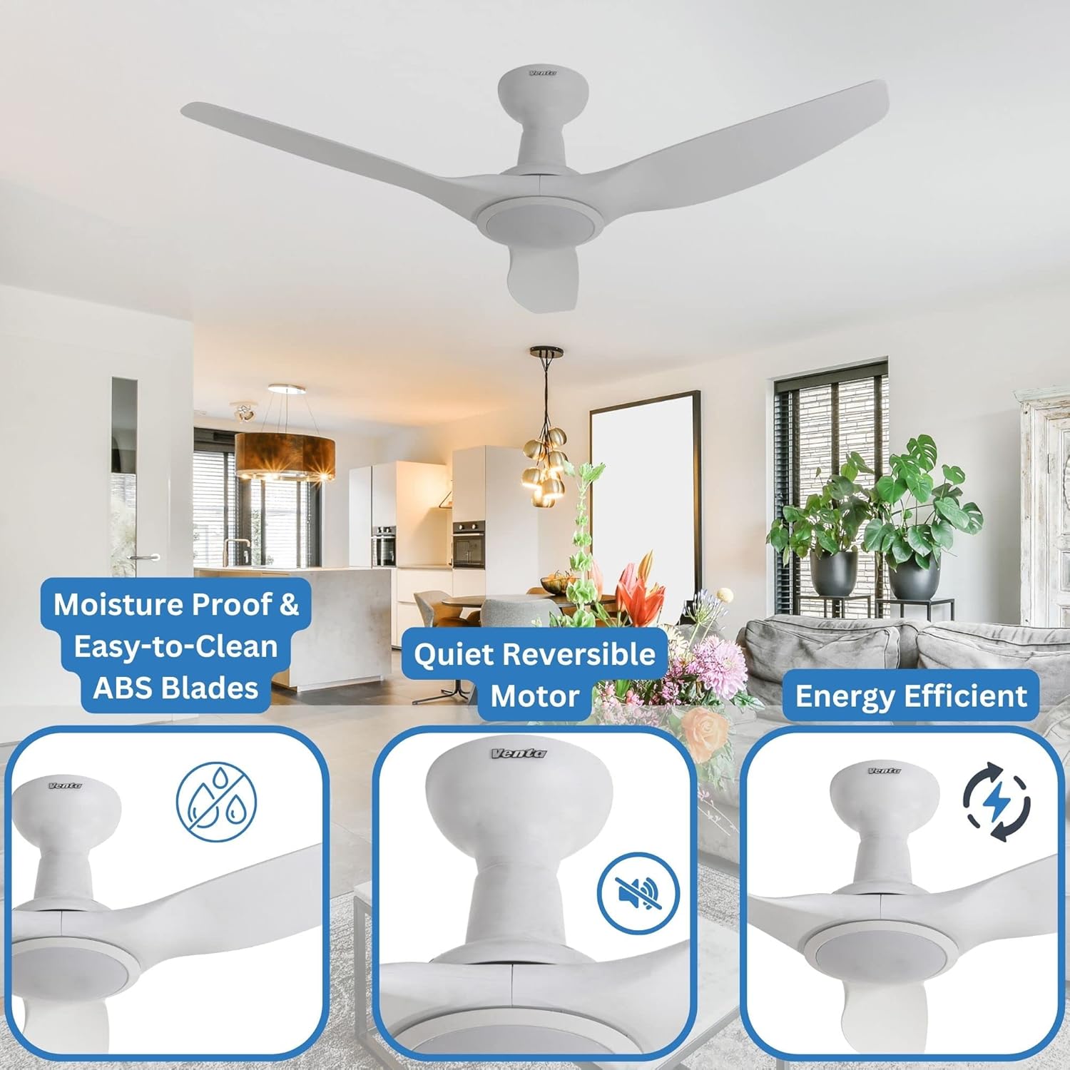 Venta Ventiladores de techo de 3 aspas con certificación ETL de 52 pulgadas con control remoto de luces, ventilador de techo blanco con luz LED y