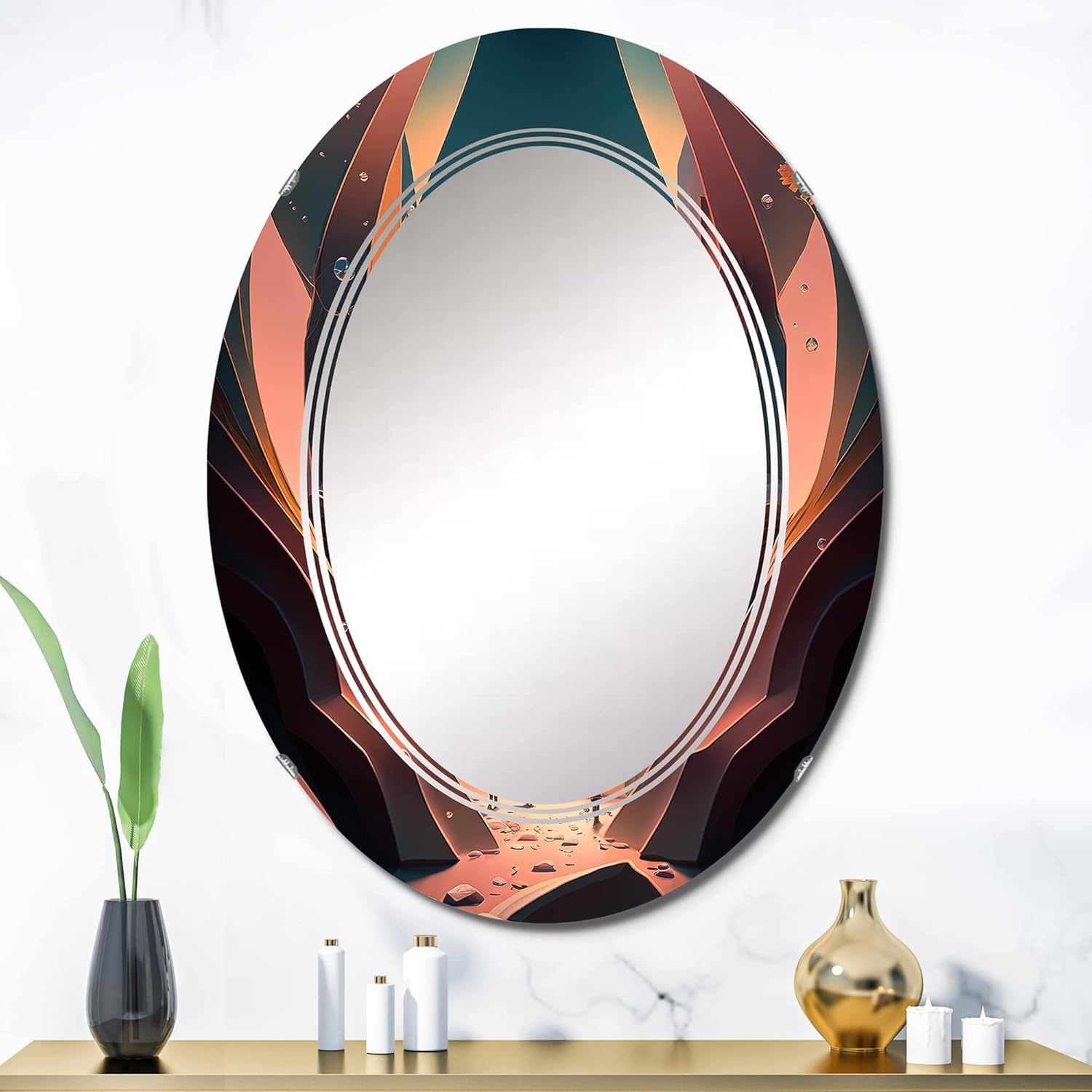 DesignQ Architectural Futuristic Building I- Vanity Mirror, Bathroom Mirrors, Wall Mirrors for Living Room, Bedroom – Oval Mirror – Large 20’x30′,