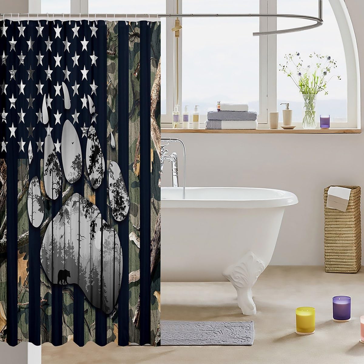 Cortina de ducha con bandera americana, estampado de patas de oso y animales salvajes, cortina de baño para niños y niños, cortina de baño