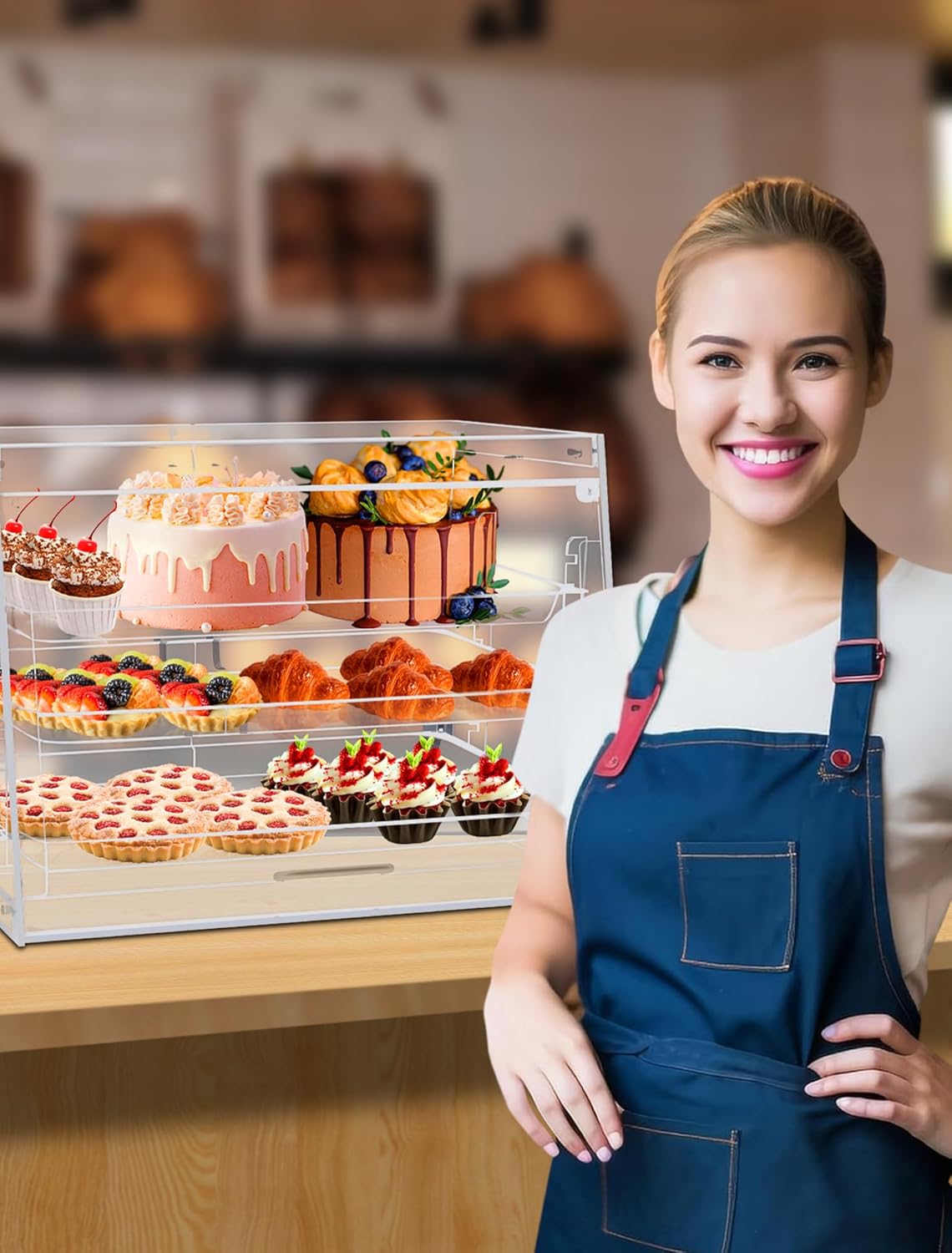 Estuche de exhibición de pastelería, caja de pan transparente, vitrina de panadería extraíble de 3 niveles con pinza para pan, vitrina comercial